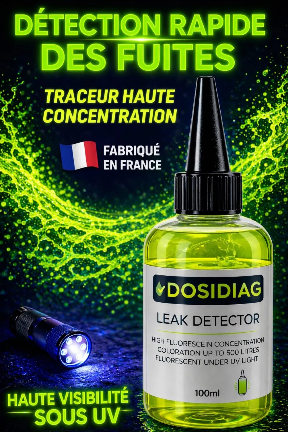 Détecteur de fuite DOSIDIAG - Fluorescéine haute concentration - Recherche fuite piscine SPA plomberie toiture voiture