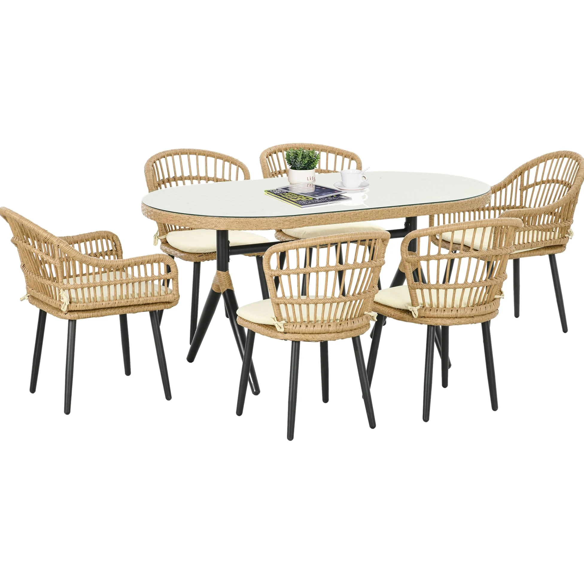Outsunny Salon de Jardin extérieur en résine tressée 6 Places Ensemble de Salle à Manger - 1 Table rectangulaire et 6 chaises avec Coussins - Plateau en Verre trempé, Cadre en Acier, Bois Naturel