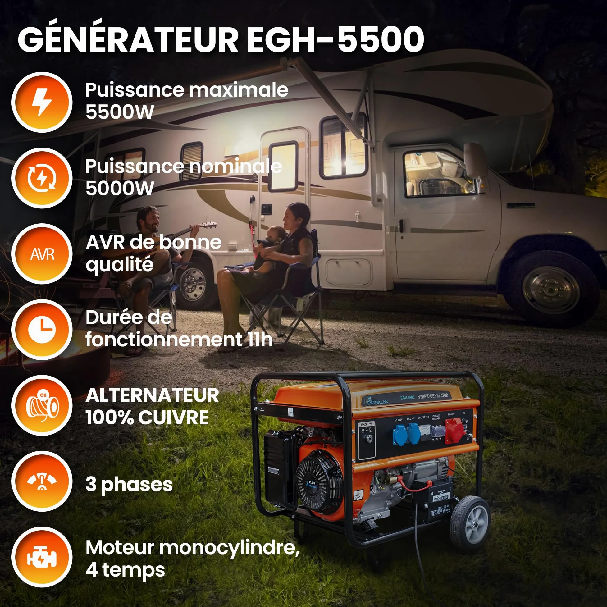 Extralink Groupe électrogène 5500W Essence/GPL | Moteur 188F-M, onde sinusoïdale pure, 2×230V & 1×400V, démarrage électrique | mobile et silencieux pour maison et chantier