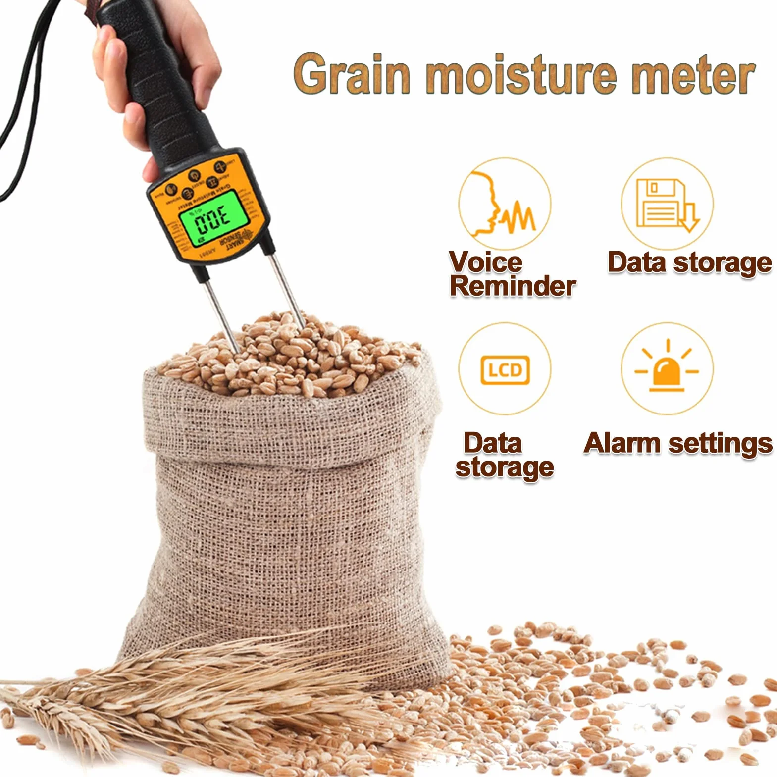 AR991 Humidimètre Numérique LCD pour Grain, Testeur d'Humidité Portable, Analyseur de Teneur en Eau avec Sonde