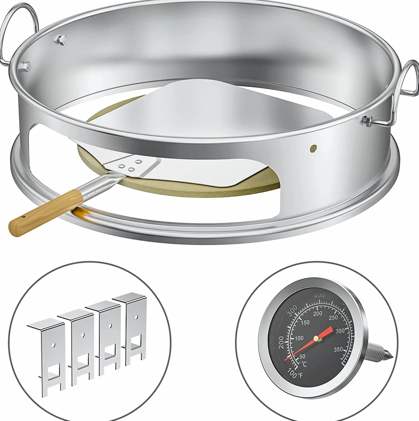 Onlyfire BRK-6023 Kit Pizza Weber 57 cm - Anneau INOX Poignées Amovibles, Pierre 38 cm, Pelle, Thermomètre - Accessoire Barbecue Charbon Kettle