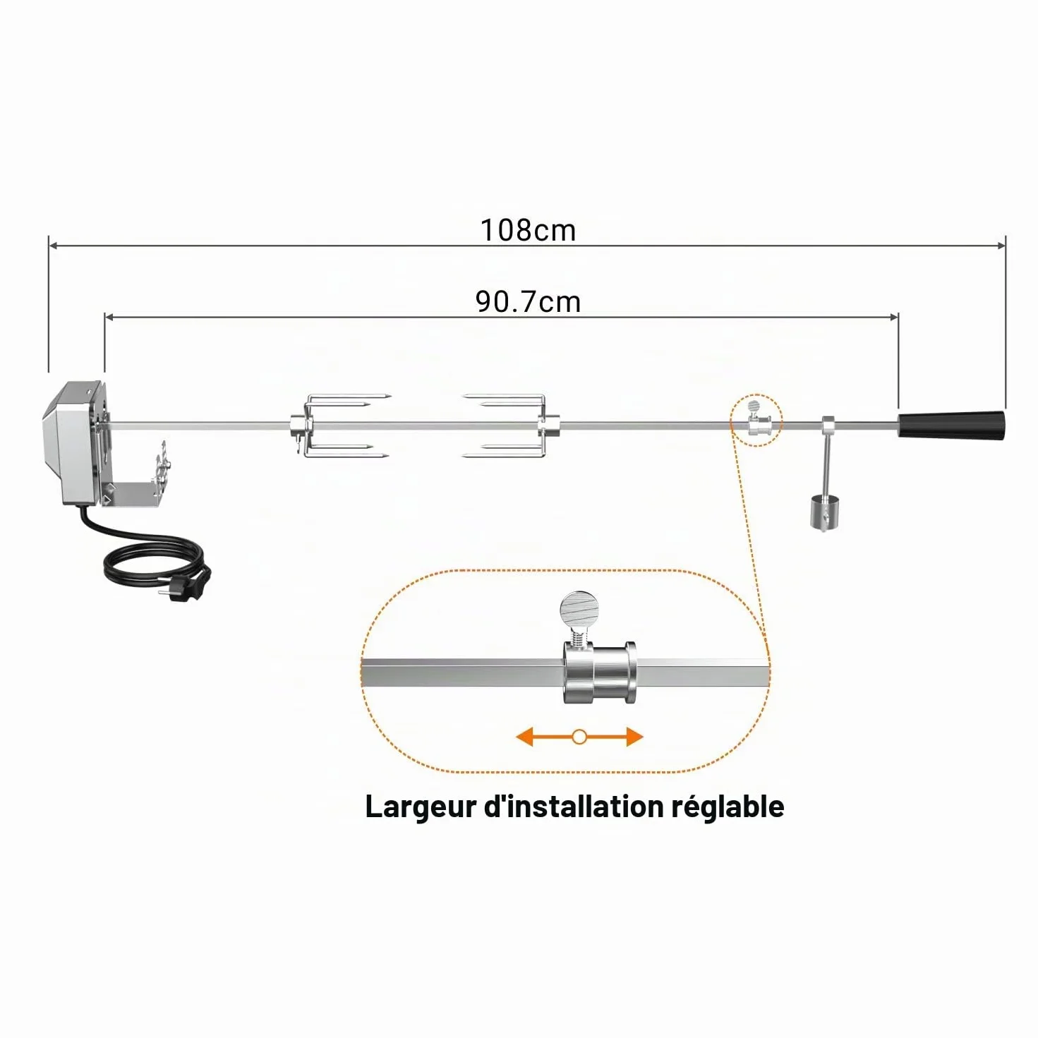 onlyfire Universelles Barbecue Rôtisserie Set 90 cm Carré 8x8mm Tournebroche + 2 x Brochettes Aiguilles et Moteur en Acier Inoxydable, Tourne Broche Electrique, 220 V - 240 V
