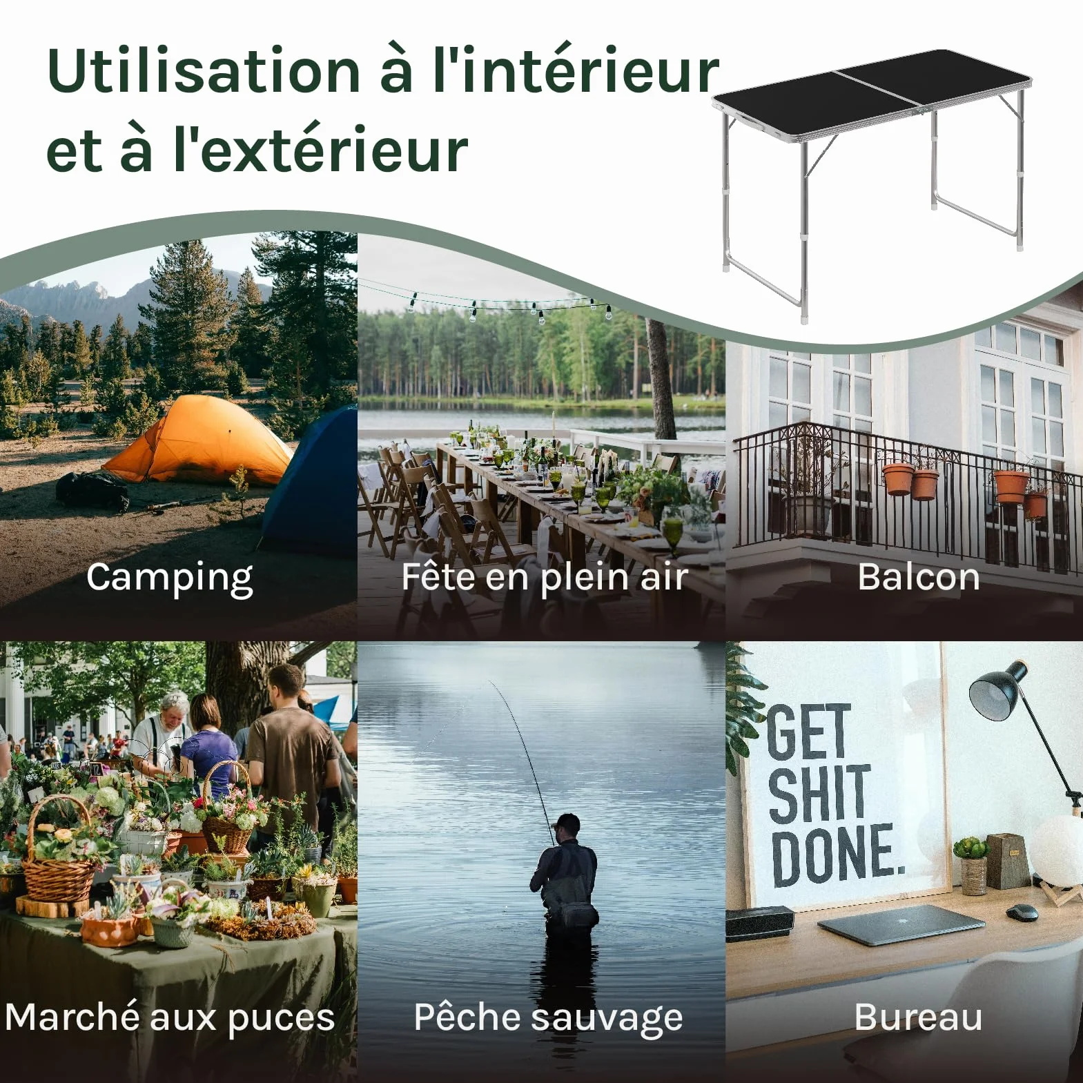 WOLTU Table de Camping Pliante en Aluminium MDF Noir réglable en Hauteur