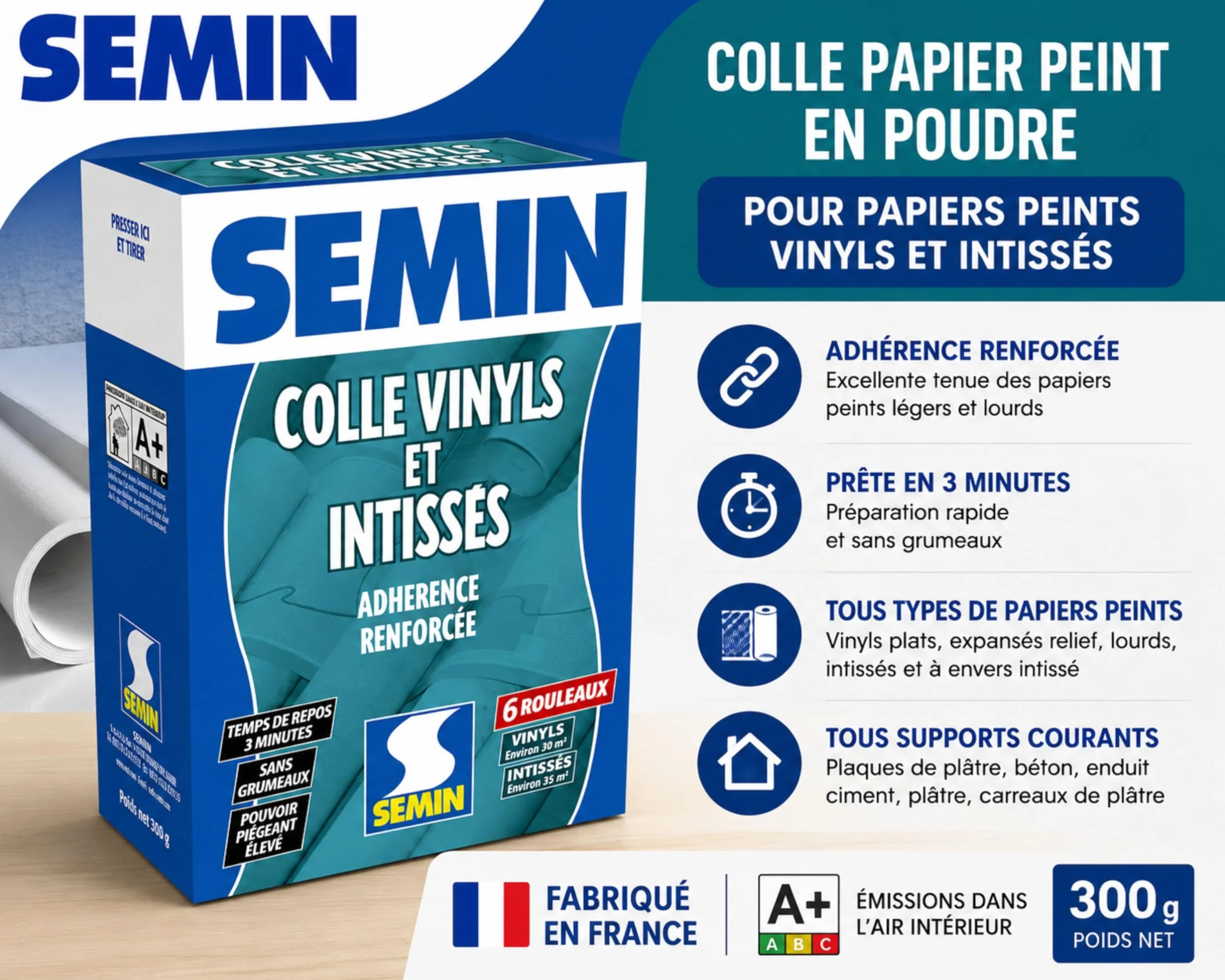 SEMIN Colle Papier Peint en Poudre 300g – Pour Papiers Peints Vinyls & Intissés – Sans Grumeaux – Prête en 3 Min – Forte Adhérence – Fabriquée en France