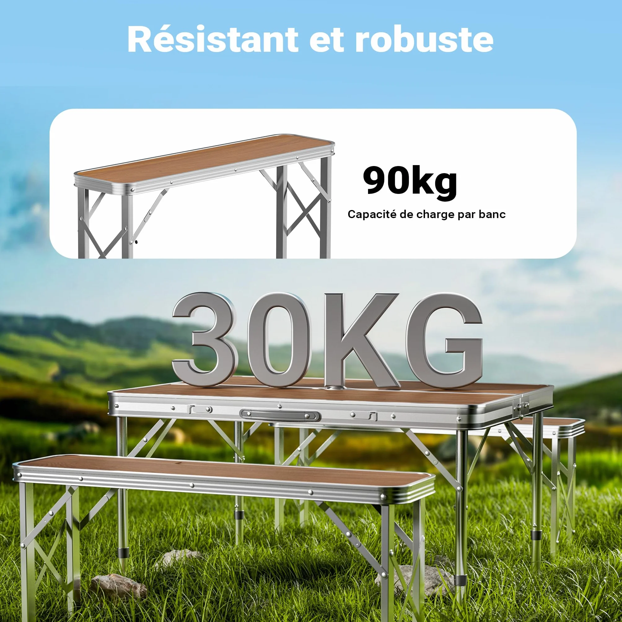 WilTec Table Pliante Valise 900 x 660 x 700 mm Aluminium MDF Camping Pique-Nique BBQ