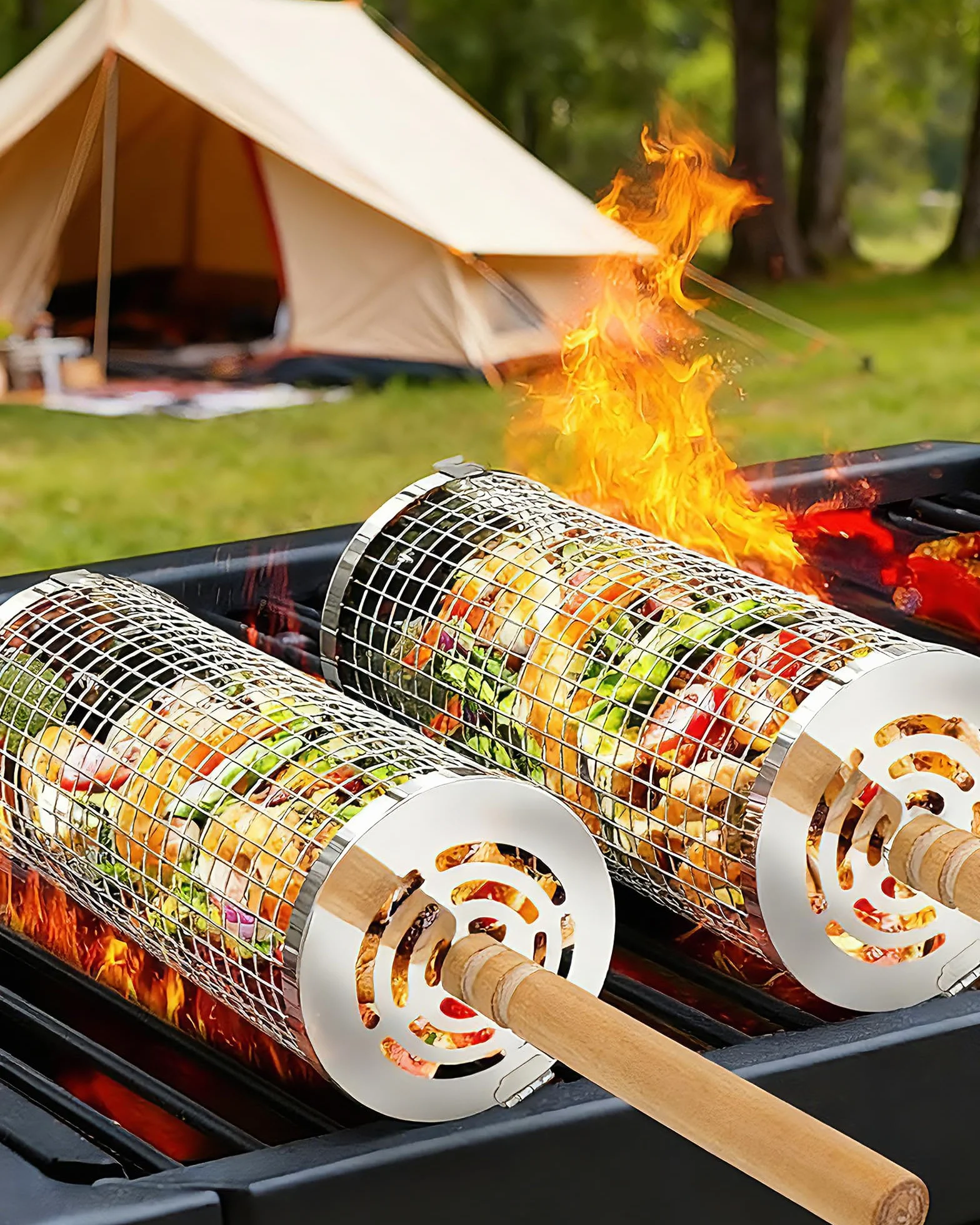 Ensemble de paniers de grillage enroulable emboîtables 2 Paniers de barbecue cylindriques en acier inoxydable avec poignée en bois (30×10cm + 29×9cm) accessoires de barbecue pour légumes en extérieur