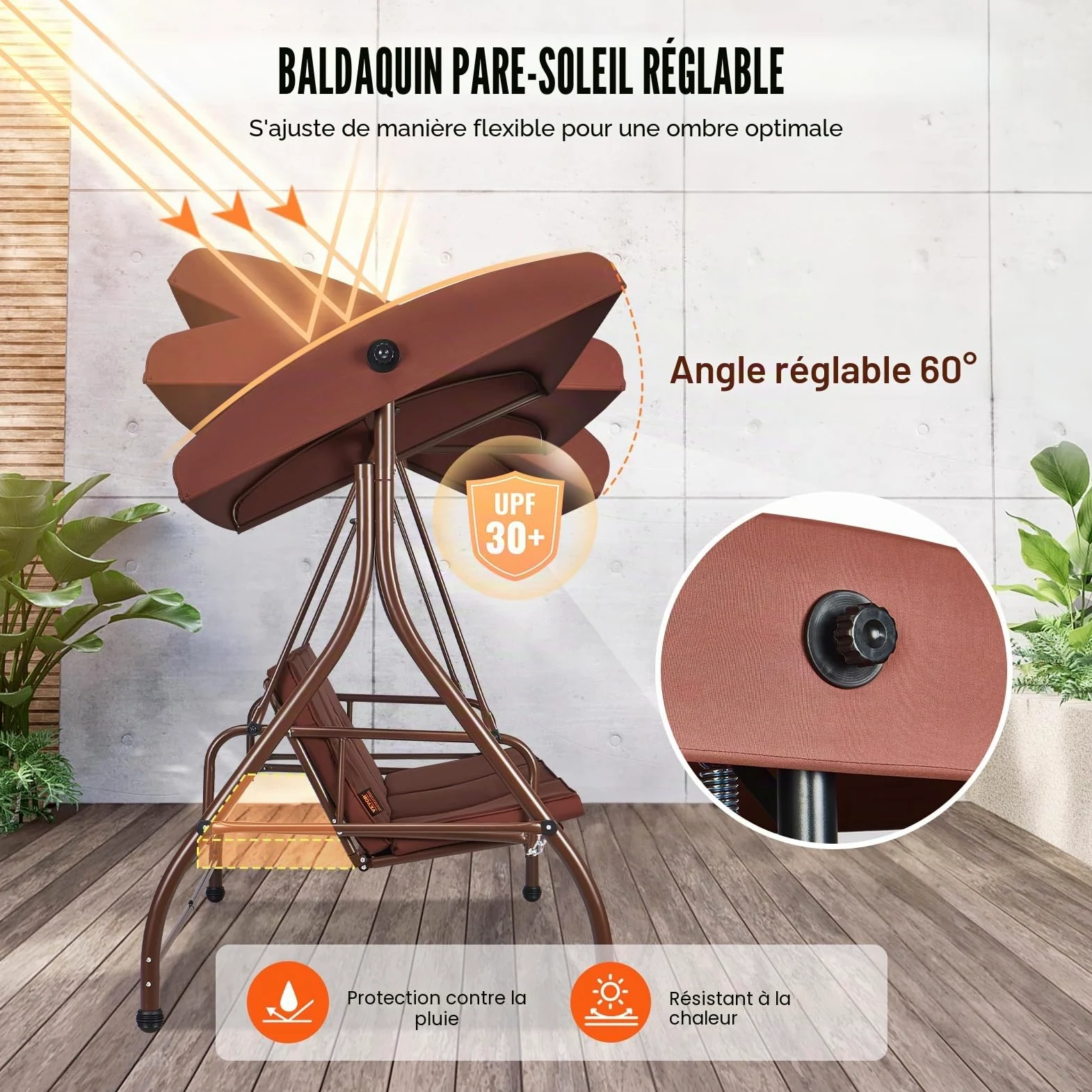 VEVOR Balancelle de terrasse 3 Places, balançoire Convertible avec auvent réglable de Porche extérieur, avec Coussin épais Amovible, Cadre en Acier allié, pour Balcon, Jardin, Bord de Piscine, Marron