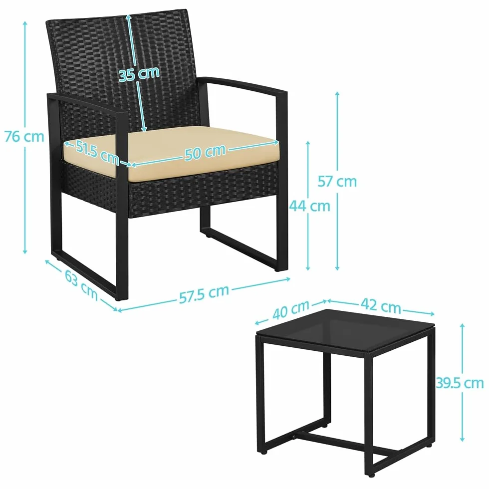 Yaheetech Salon de Jardin Exterieur 2 Fauteuils 1 Table Basse Poly Rotin Metal Noir/Kaki