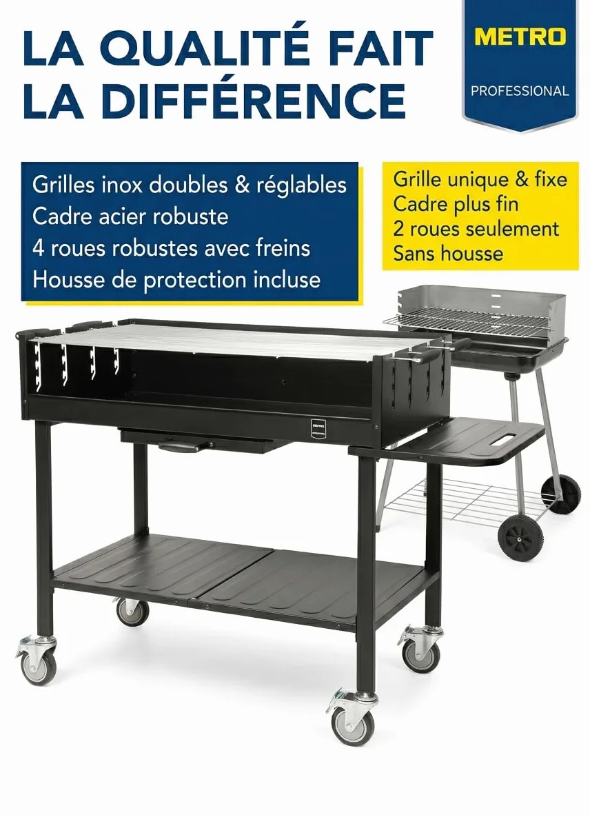 METRO Professional Barbecue DELUXE au charbon de bois sur roulettes, 137 x 68 x 94 cm, housse de protection et tablette, acier/inox, noir