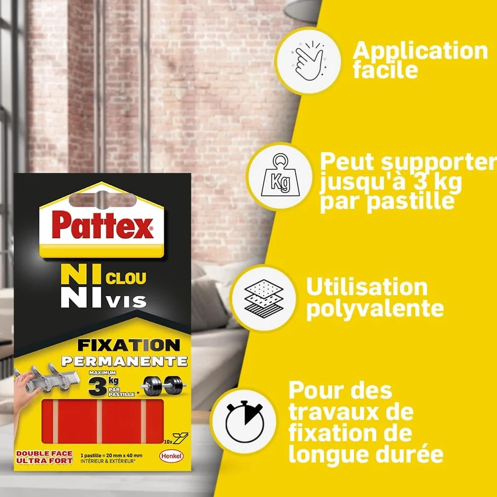 Pattex Pastilles Fixation Permanente Ni Clou Ni Vis 10 x 20 mm x 40 mm Double Faces Ultra Fortes Autocollantes Résistantes 3 kg