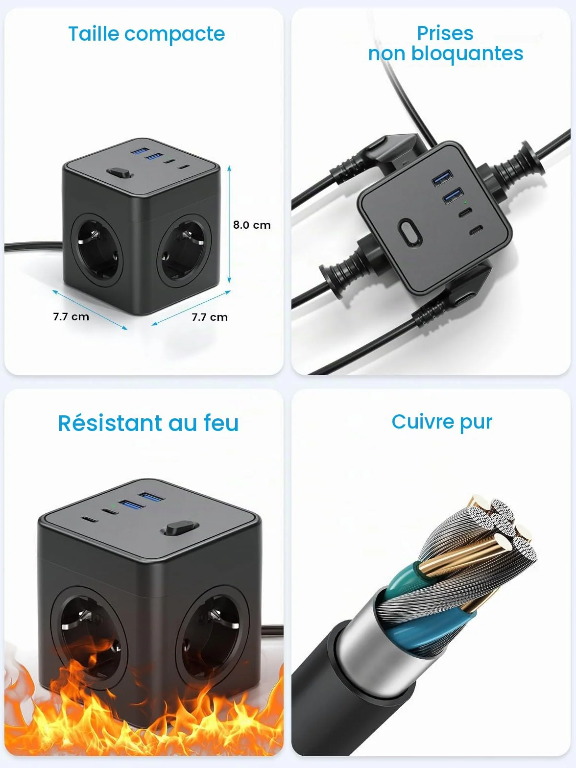 Multiprise Power Cube 8-en-1 avec Interrupteur 4 Prises USB-A USB-C 1,5 m Noir