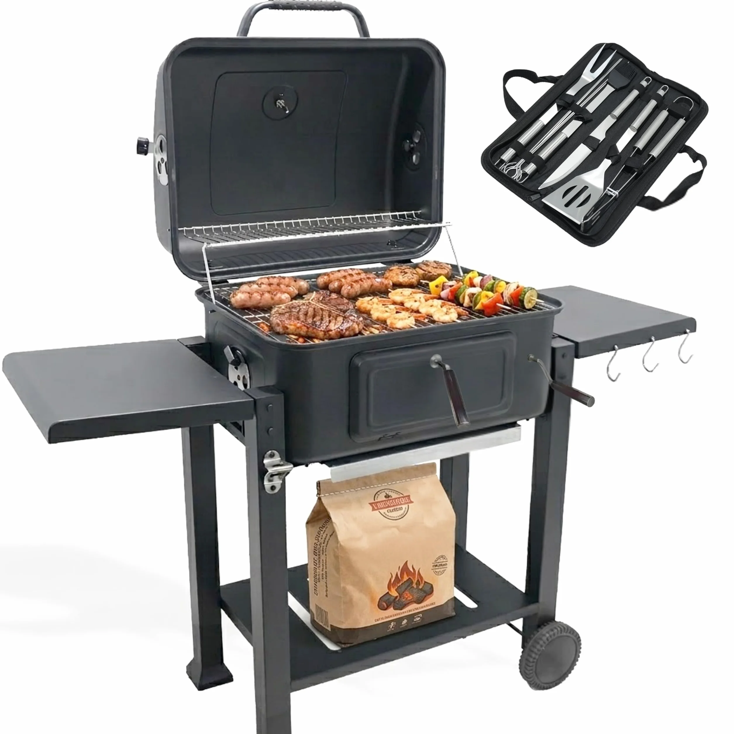Barbecue Charbon de Bois avec Couvercle | Hauteur de Braise Ajustable | Grille de Cuisson XL 54x43 cm | 2 Tablettes Latérales Rabattables | Ustensiles Offerts | Récupérateur de Cendres