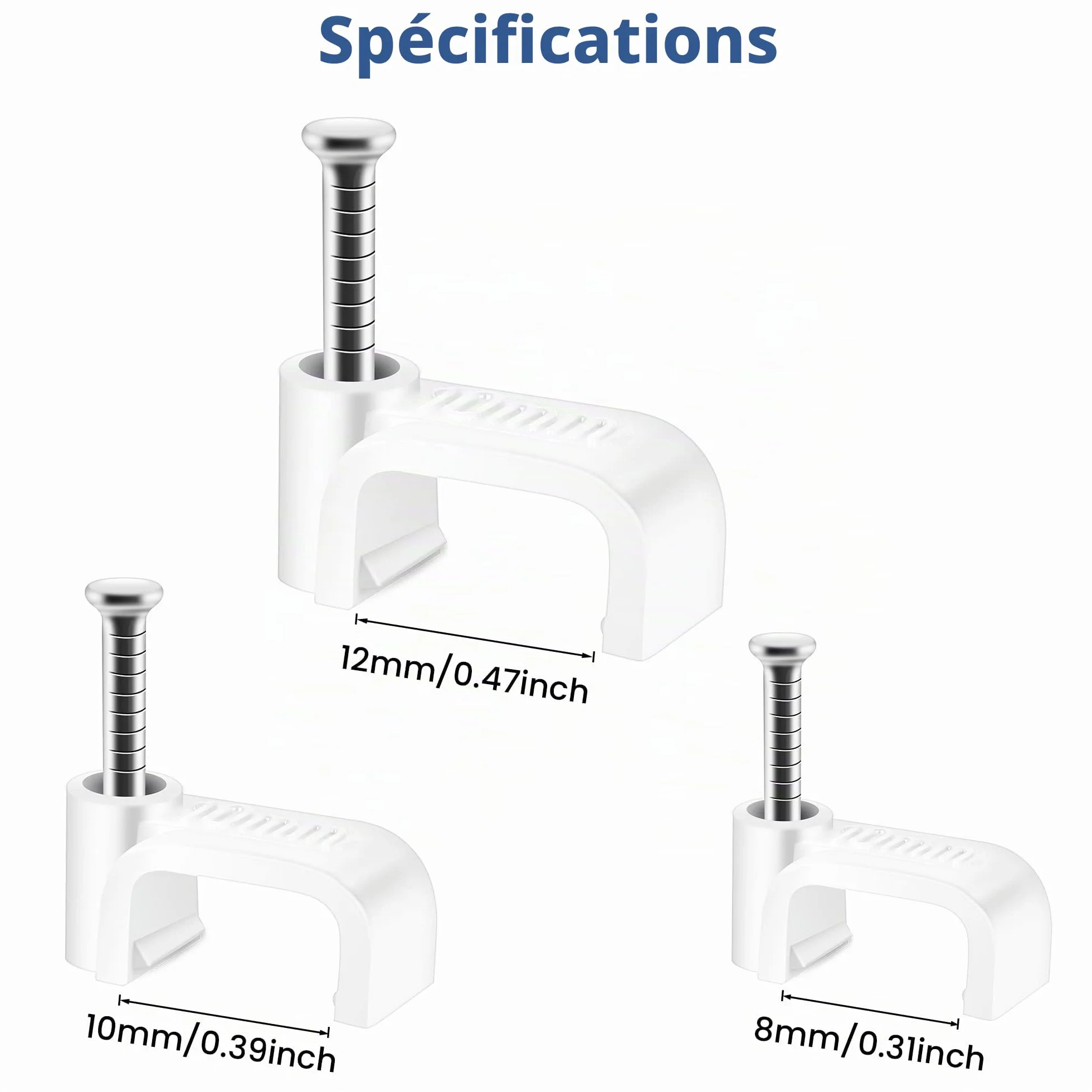 Clips de câble plat Cat6 Cat7 blancs, clou acier 10 mm, lot de 100