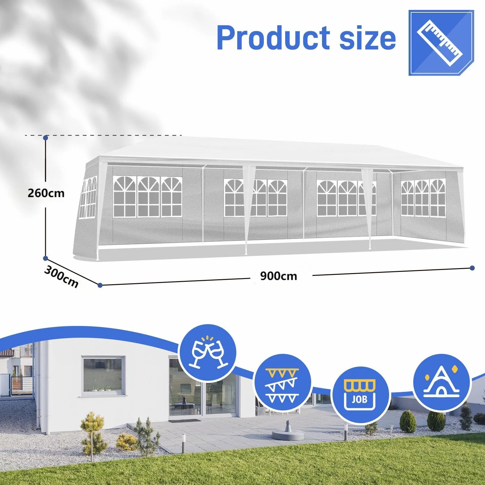 Bonnlo Tonnelle de Jardin 3x9m avec 8 Parois Latérales imperméable avec 6 fenêtres Tente de Réception en Toile PE Tubes Spiralés en Fer Barnum Blanc pour Camping Mariage Parking Fête