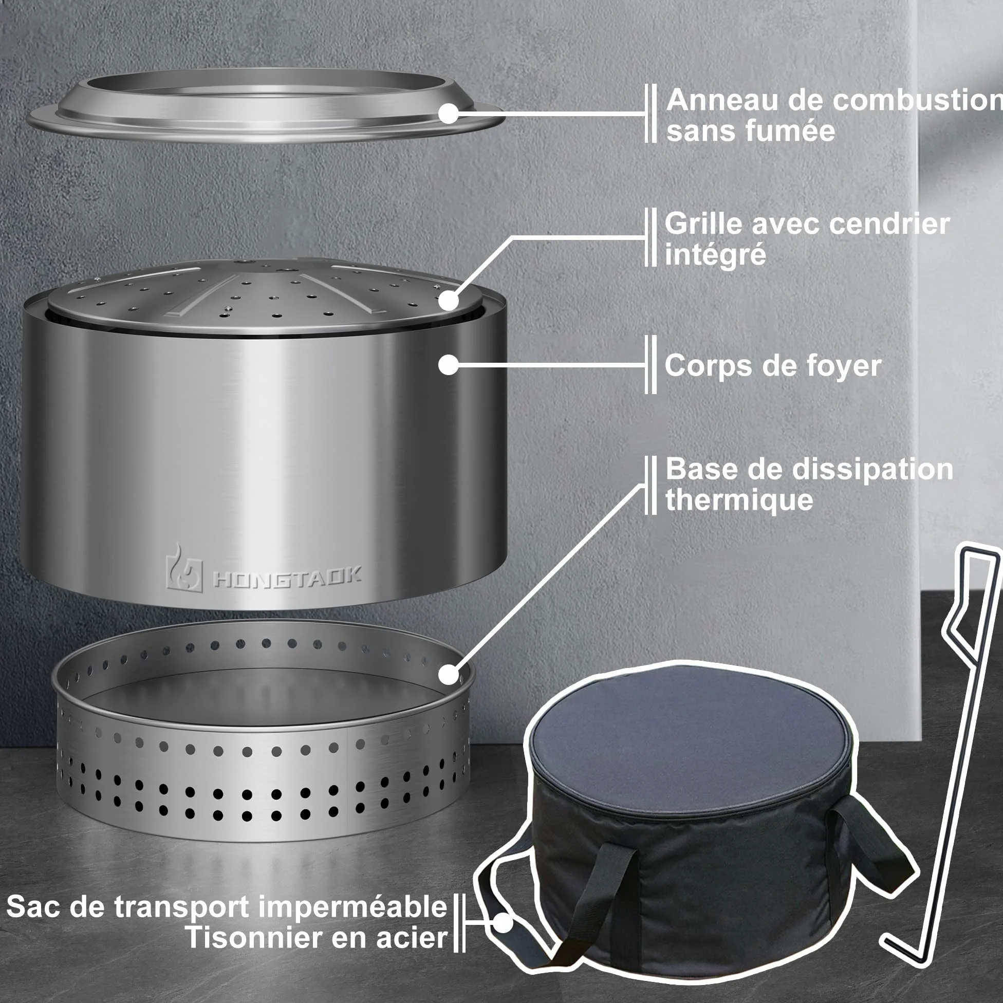 50 cm Brasero Exterieur, Foyer Portable sans Émission de Fumée, pour Camping Terrasse Extérieure, Bac à Cendres Amovible, Acier Inoxydable, Tisonnier de Feu et Sac Étanche