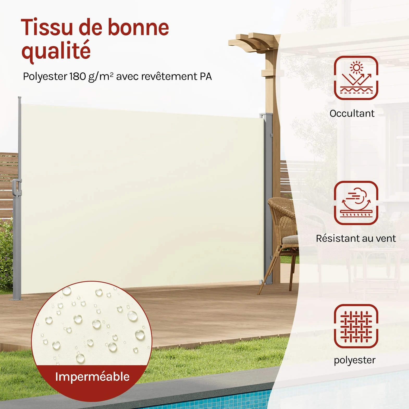 WOLTU Paravent Extérieur, Store Latéral Rétractable, 160x350 cm, Brise Vue, Protection Solaire & Protection Contre Le Vent, pour Jardin, Balcon, Terrasse, Patio, Crème