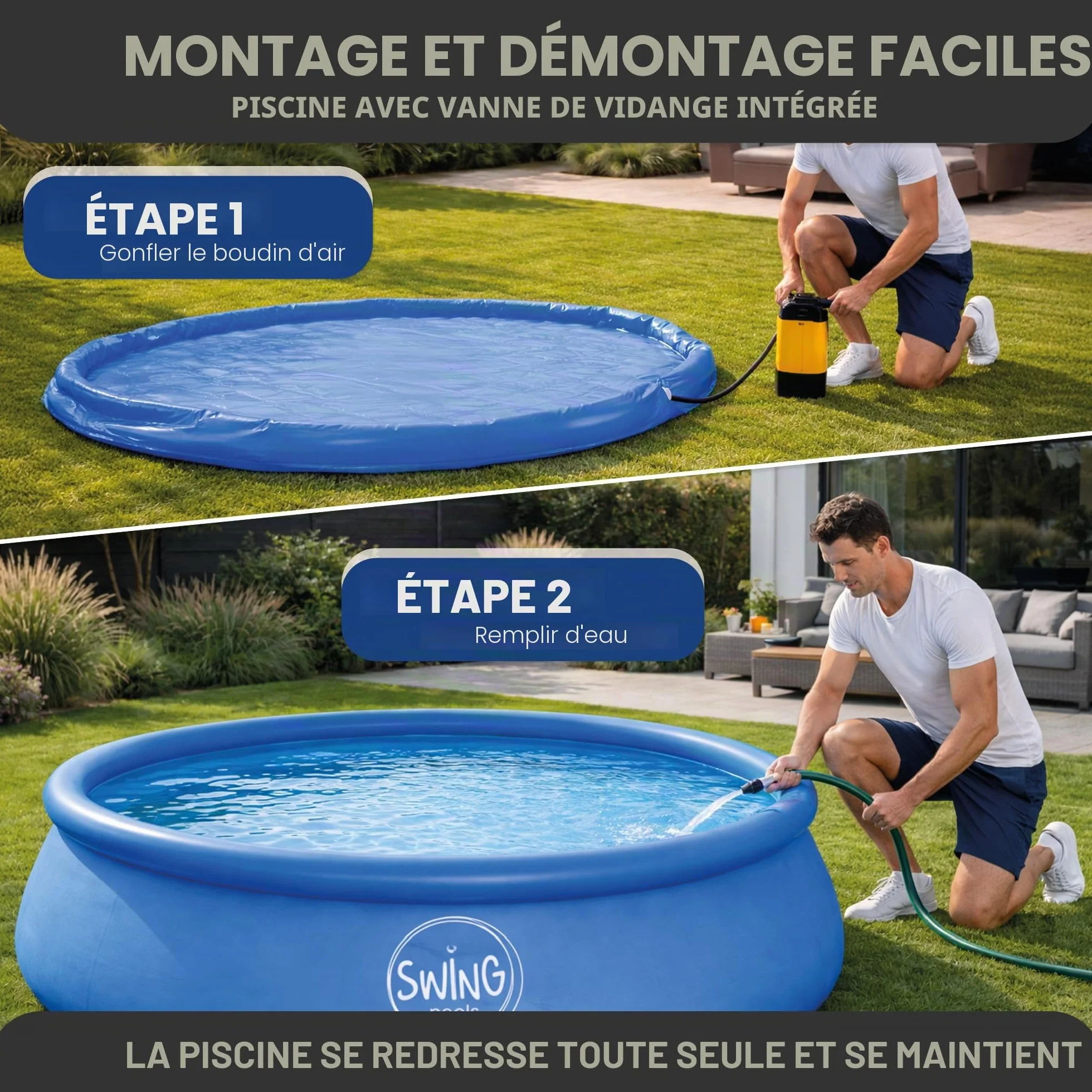 HAF Piscine Swing Quick-Up en gris (Ø 366 x 91 cm) - Environ 6 700 litres - Piscine autoportante (ronde) - Piscine gonflable de jardin pour enfants et adultes - Aucun outil nécessaire