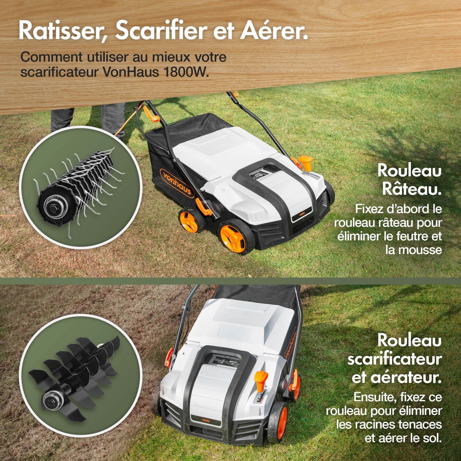 VonHaus Scarificateur/Aérateur/Râteau Électrique 1800W – Pour Scarification Et Râtelage Du Gazon, Élimine Feutre, Mousse Et Feuilles, Aère Le Sol, Bac De Ramassage 55L, 5 Hauteurs, Largeur 38cm