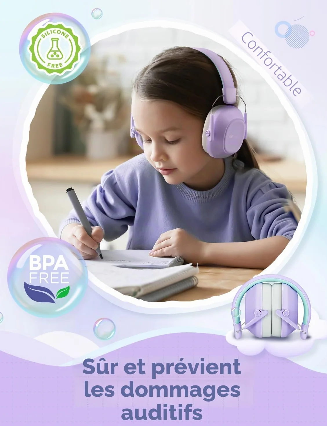 iClever Écouteurs antibruit pour enfants 26 dB NRR sécurité protection auditive Vert pourpre