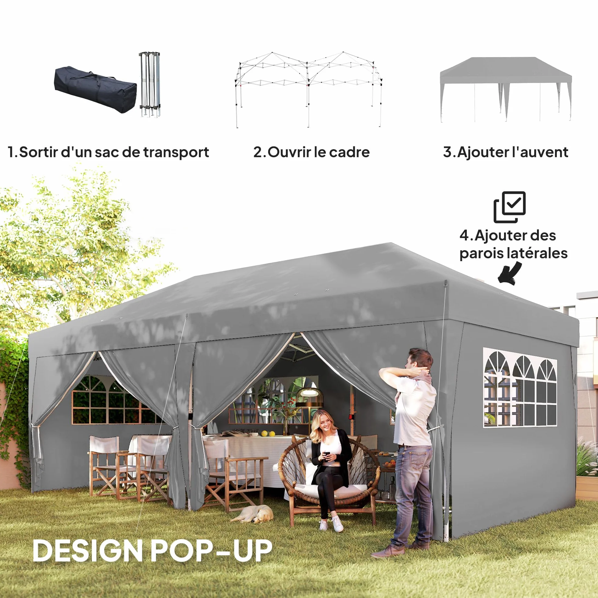 Outsunny Tonnelle de Jardin Exterieur tonnelle Pliante 3 x 6 m Pop-up avec 6 parois latérales, Trous de Drainage, Sac de Transport Inclus, Barnum Pliant pour Camping Festival Mariage, Gris
