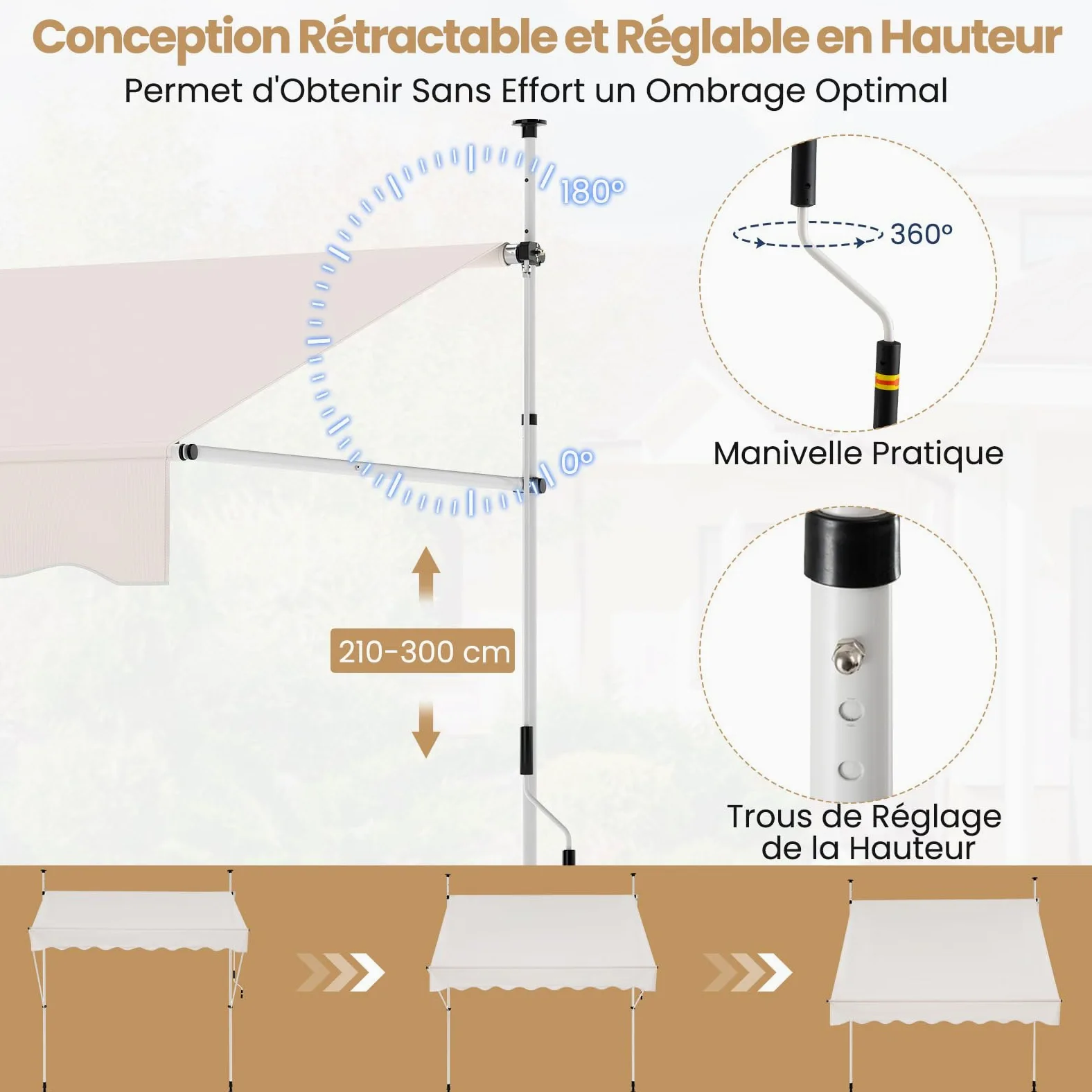 RELAX4LIFE Store Banne Manuel Rétractable avec Manivelle | Auvent Rétractable Résistant aux UV, Imperméable | Hauteur&Angle Réglable | Store Banne sans Percage pour Balcon, Terrasse (3x1,8 M,Blanc)
