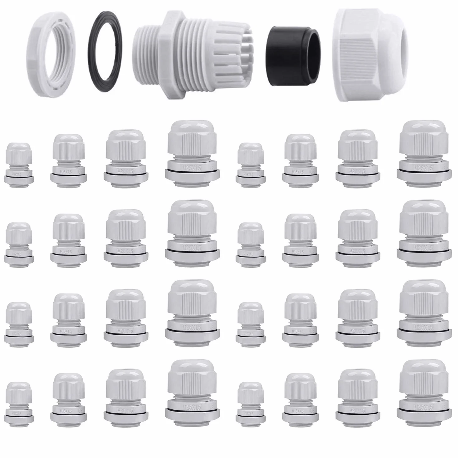 Presse-étoupes Etanche IP68 ARPDJK 3-15mm Caoutchouc Joint Réglable Gris M12 M16 M20 M25 32 Pcs