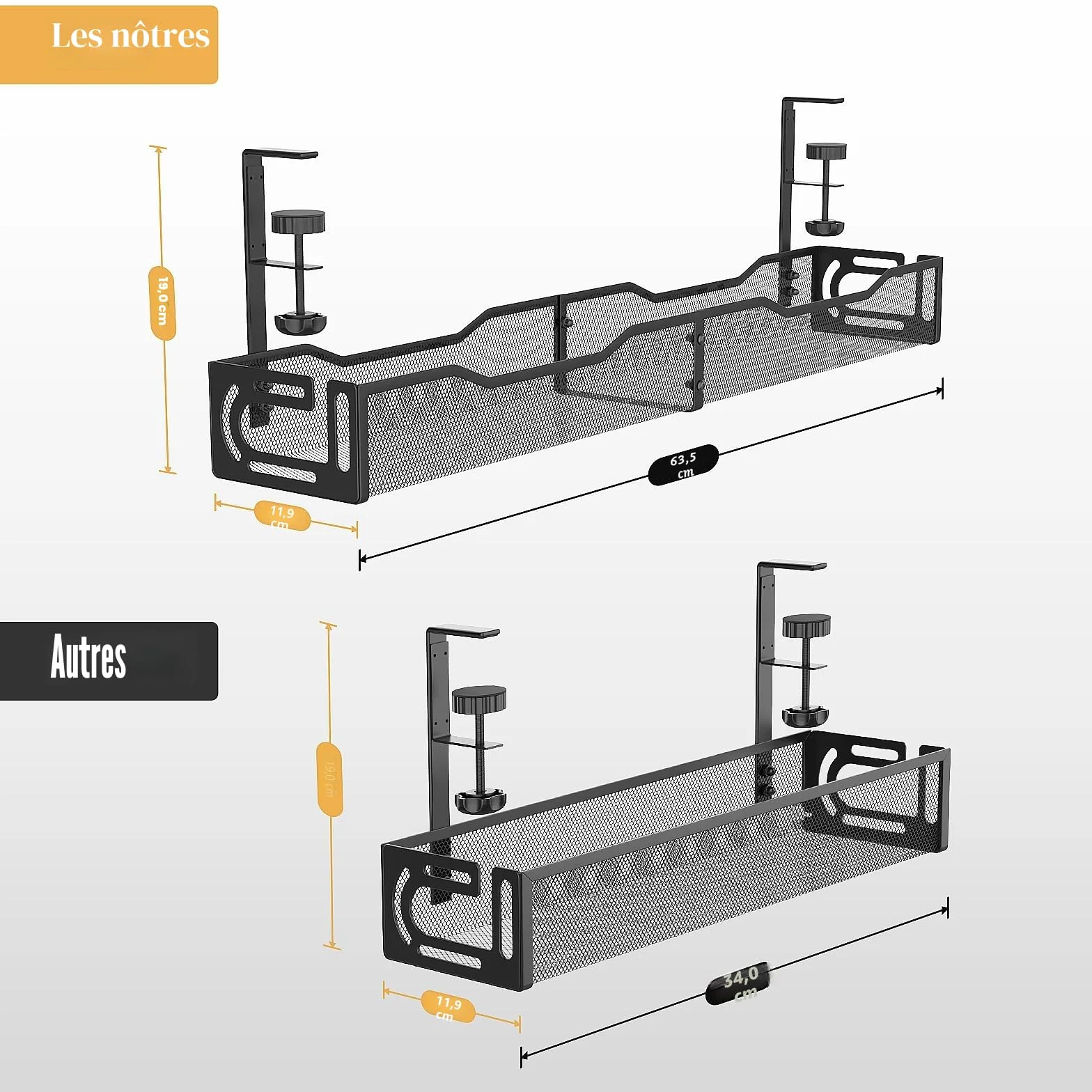 Plateau de Gestion de Câbles 64 cm Réglable pour Bureau avec Rangement Supérieur