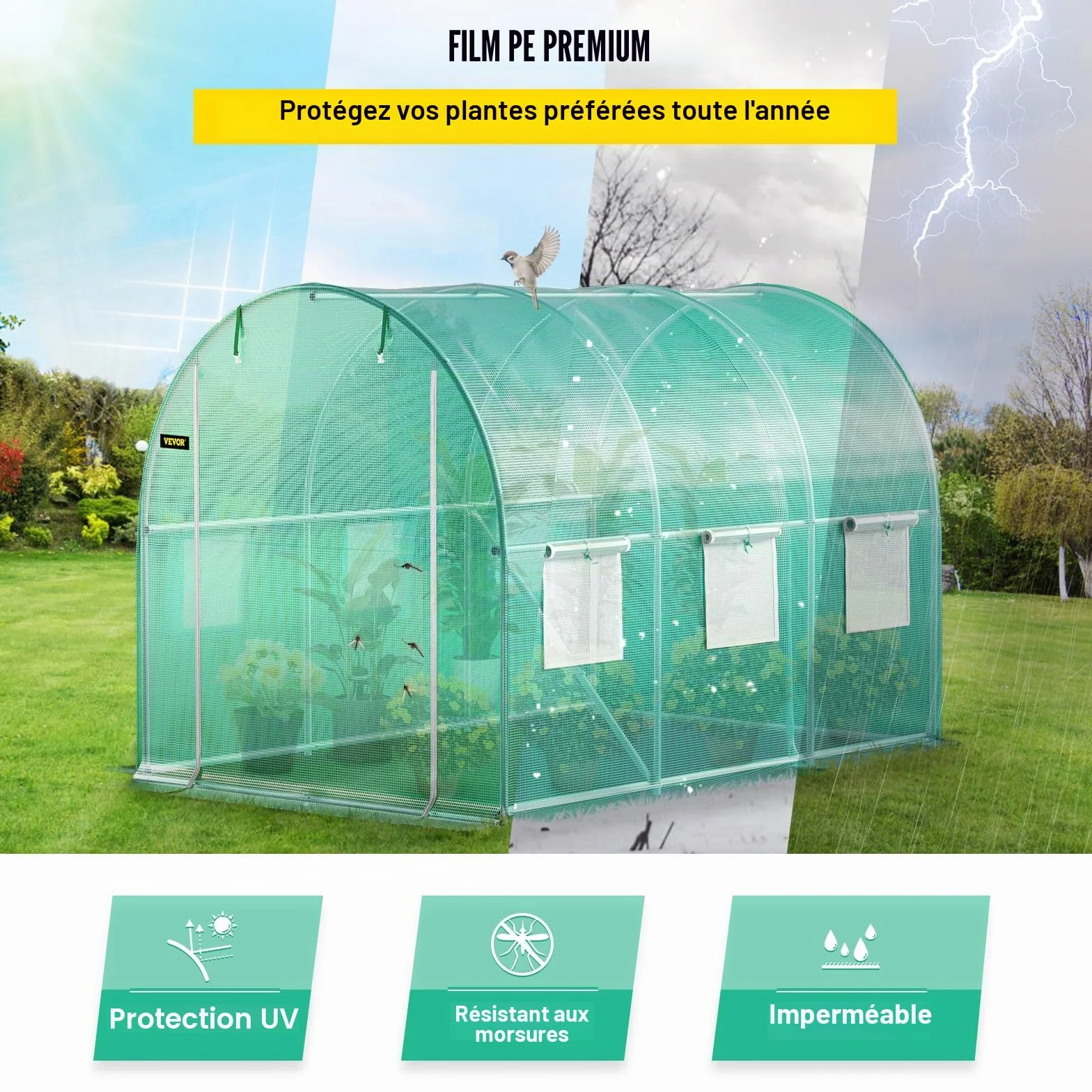 VEVOR Serre Tunnel Jardin 3x2,1x2,1 m Tente Abri Plantes Cadre en Acier Galvanisé Couverture Étanche en PE 1 Poutre Supérieure 2 Poteaux Diagonaux 1 Porte 6 Fenêtres pour Cultiver Légumes Fleurs Vert
