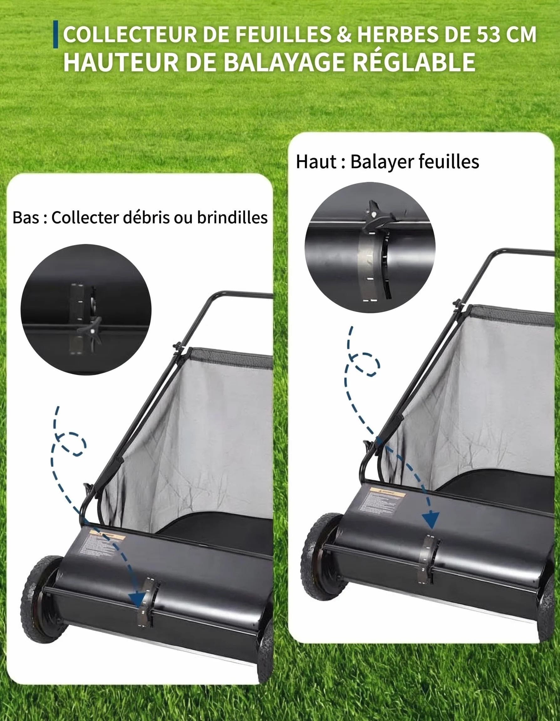 Balayeuse de pelouse poussable 53 cm Garvee – Sac 99 L, 4 brosses rotatives, Hauteur réglable, Cadre en acier, Roues en caoutchouc, Noir