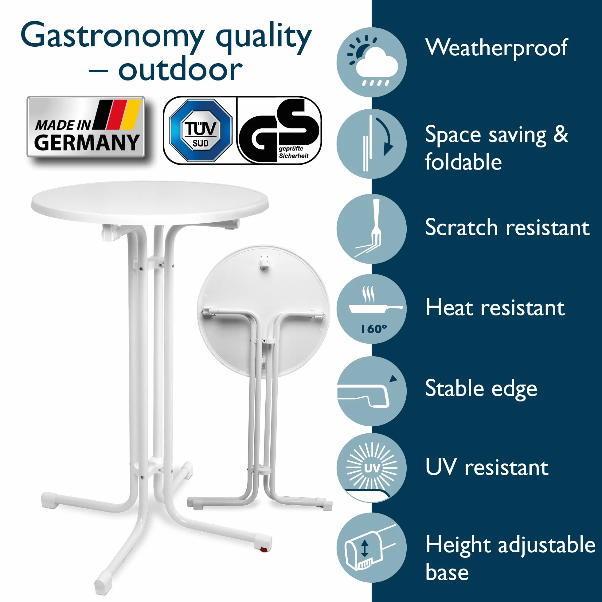 Beautissu Table Haute Pliante Outdoor Ø 70 cm Sylt Bistro Blanche Jardin