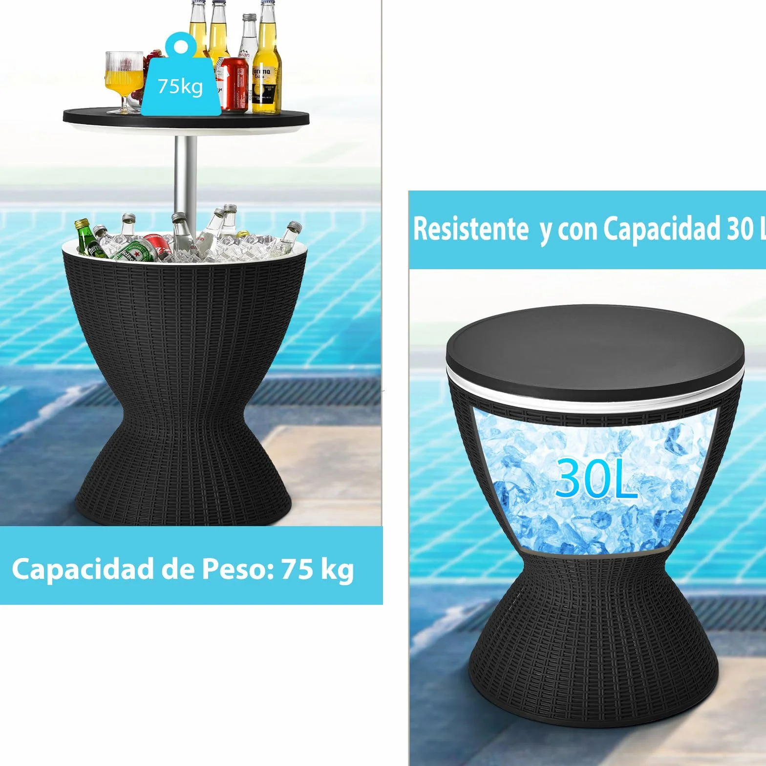 SOARS Glacière 3 en 1 30L Réglable 2 Hauteurs Table d'Appoint Couvercle Amovible 75 KG Noir
