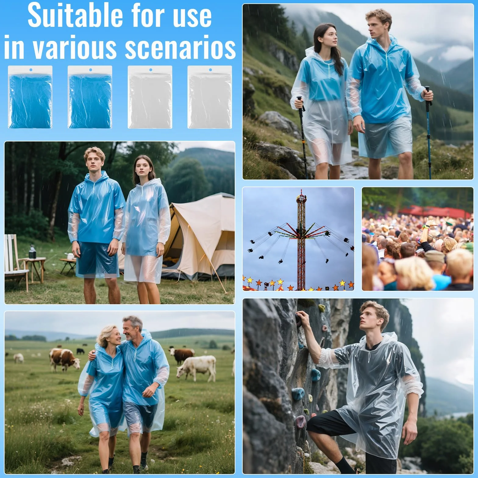 GAOHUI Lot de 4 Ponchos de Pluie Jetables Adultes Adolescents Capuche Protection Extérieur Transparent Bleu