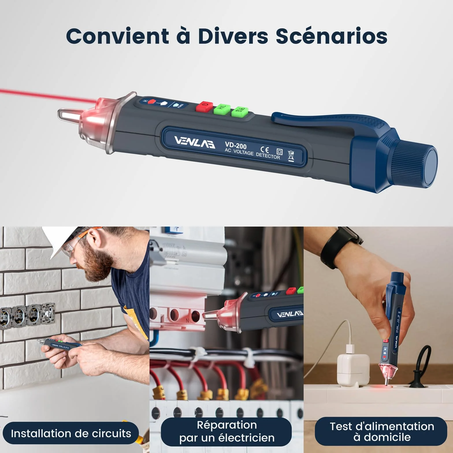 Détecteur de Tension sans Contact 12V~1000V, Testeur Électrique avec Buzzer Sonore et Lumineux, Venlab
