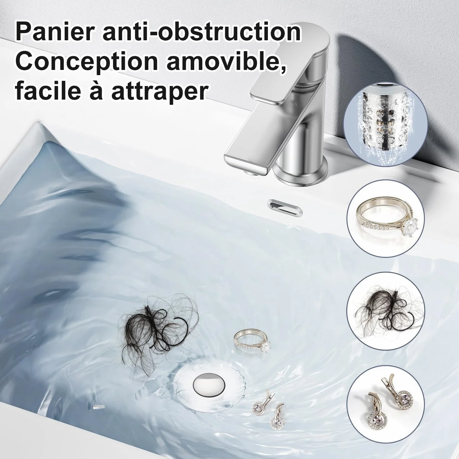 Lot de 2 filtres de vidange Pop-up 3 en 1 Acier Inoxydable Tamis Panier filtrant Amovible pour lavabo 28-58 mm Noyau sphérique Laiton chromé