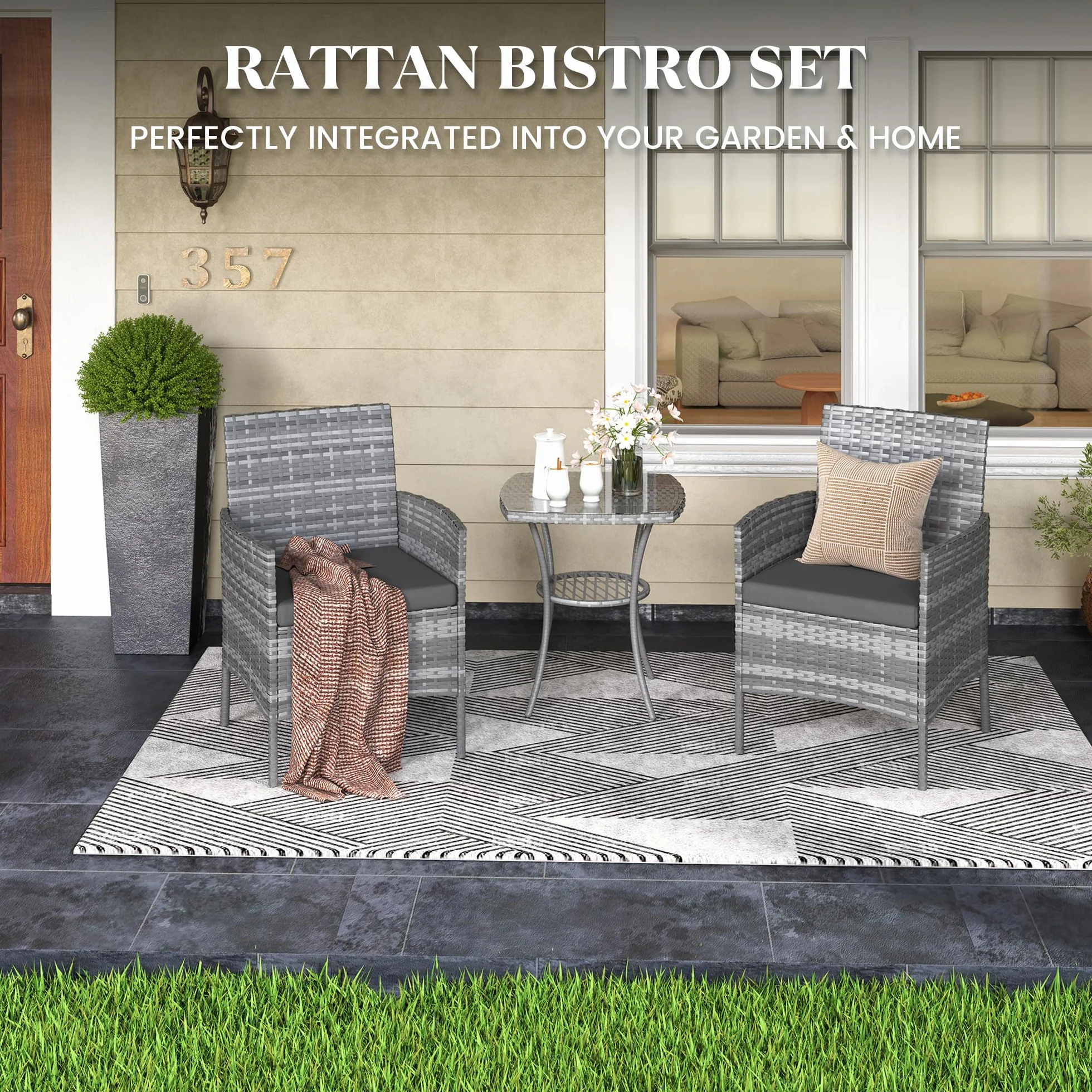 Amopatio Ensemble de meubles de jardin en rotin 3 pièces - Petit salon de jardin extérieur résistant aux intempéries - Table de bistrot avec 2 chaises - Meubles de terrasse pour terrasse, balcon, Gris