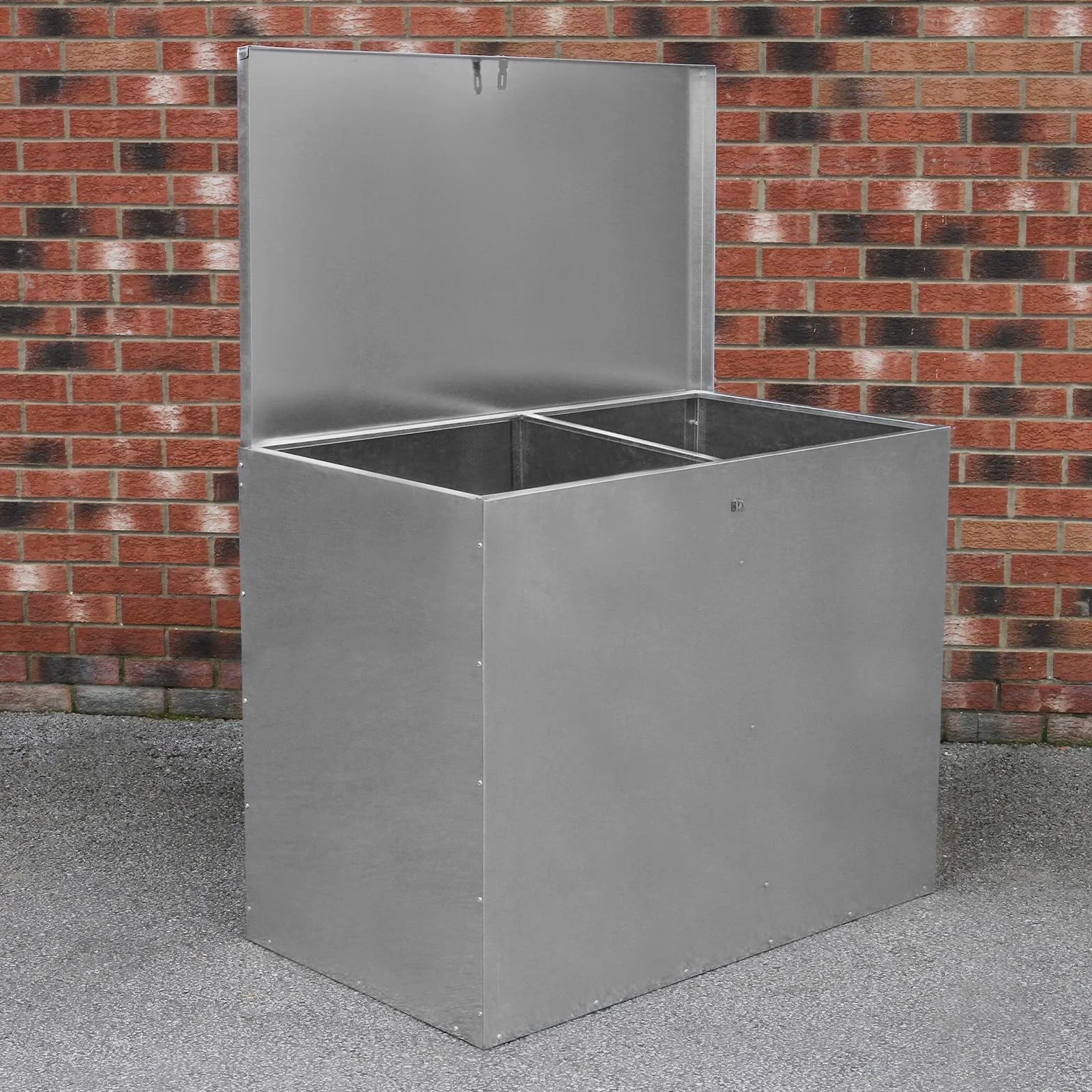 Grand Bac de Rangement Boite 64 L en métal galvanisé étanche anti-rongeurs pour extérieur, ferme, jardin, écuries verrouillables pour animaux | 2 compartiments