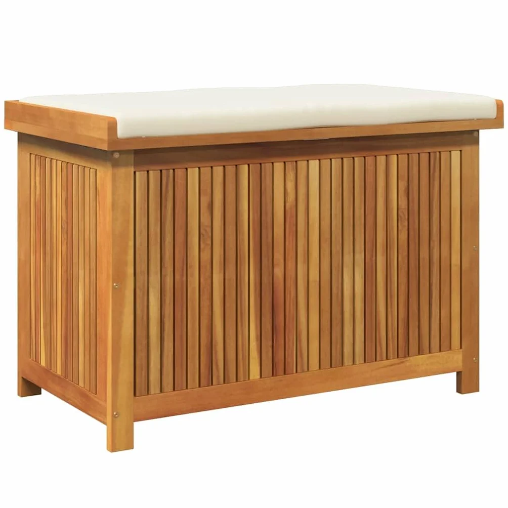 Banc de Rangement Extérieur avec Coussin Coffre en Bois d'Acacia Massif pour Jardin Patio (Blanc crème 90x50x60,5 cm)