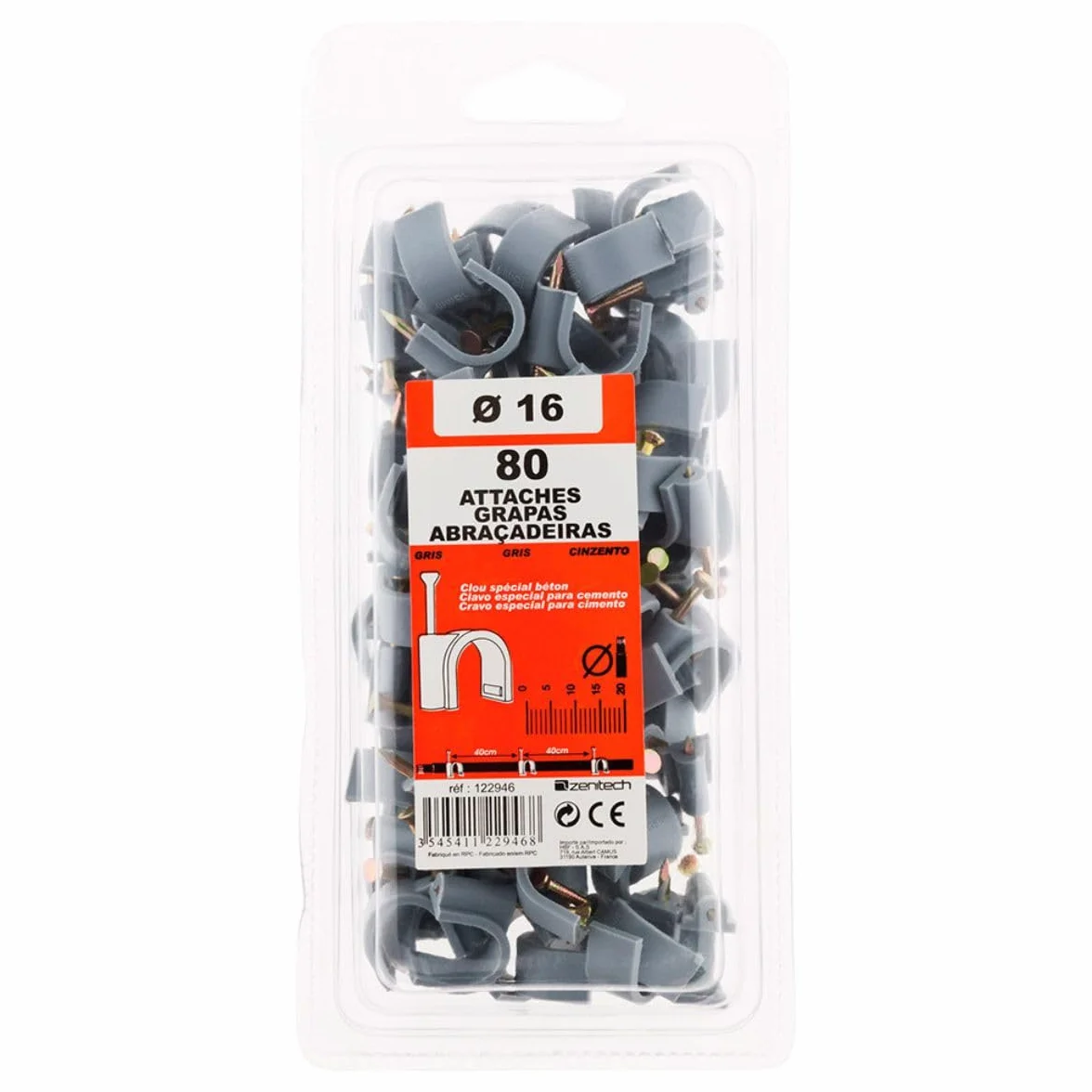 Zenitech Crochets de Fixation Ø16mm Gris Lot de 80