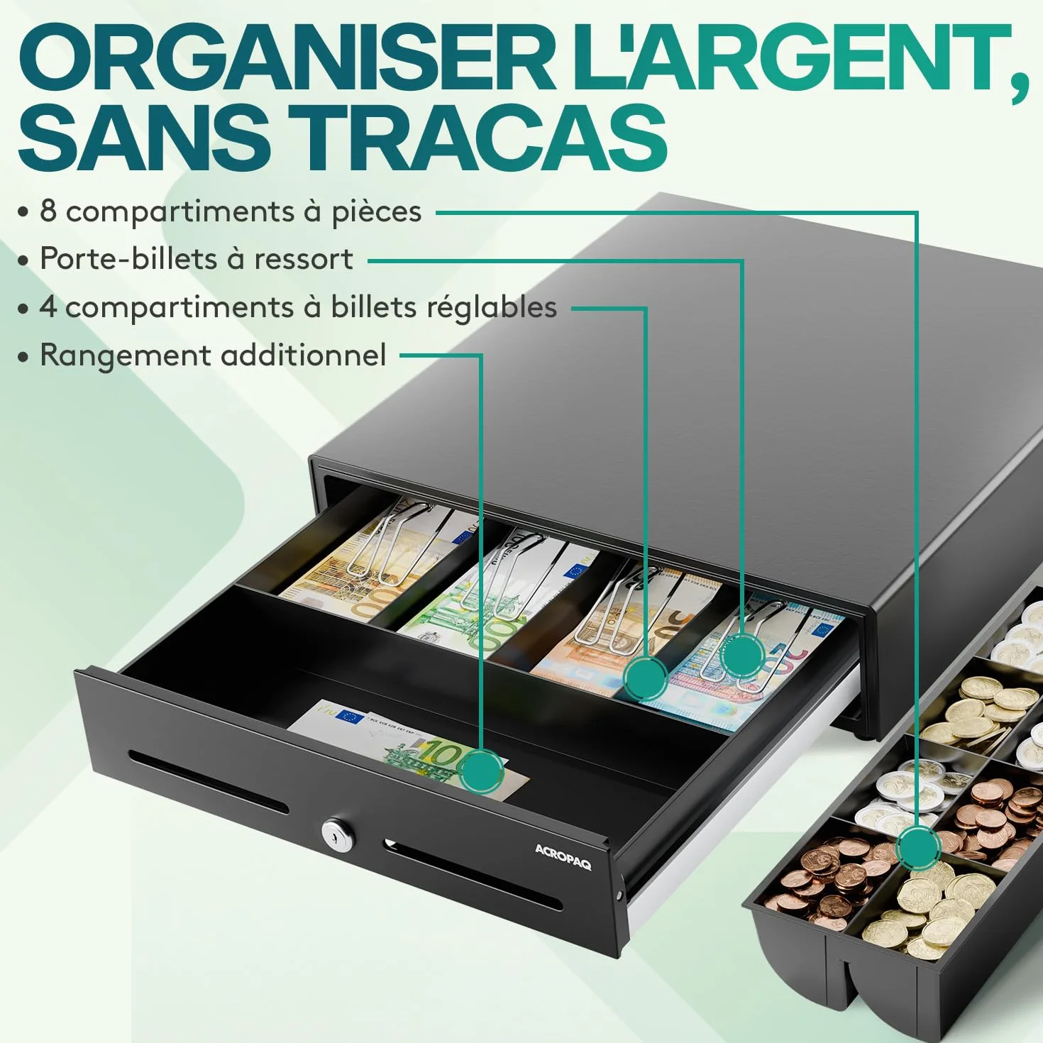ACROPAQ Tiroir caisse métal robuste 42 x 41 x 10 cm 8 cases pièces 4 billets sans courant