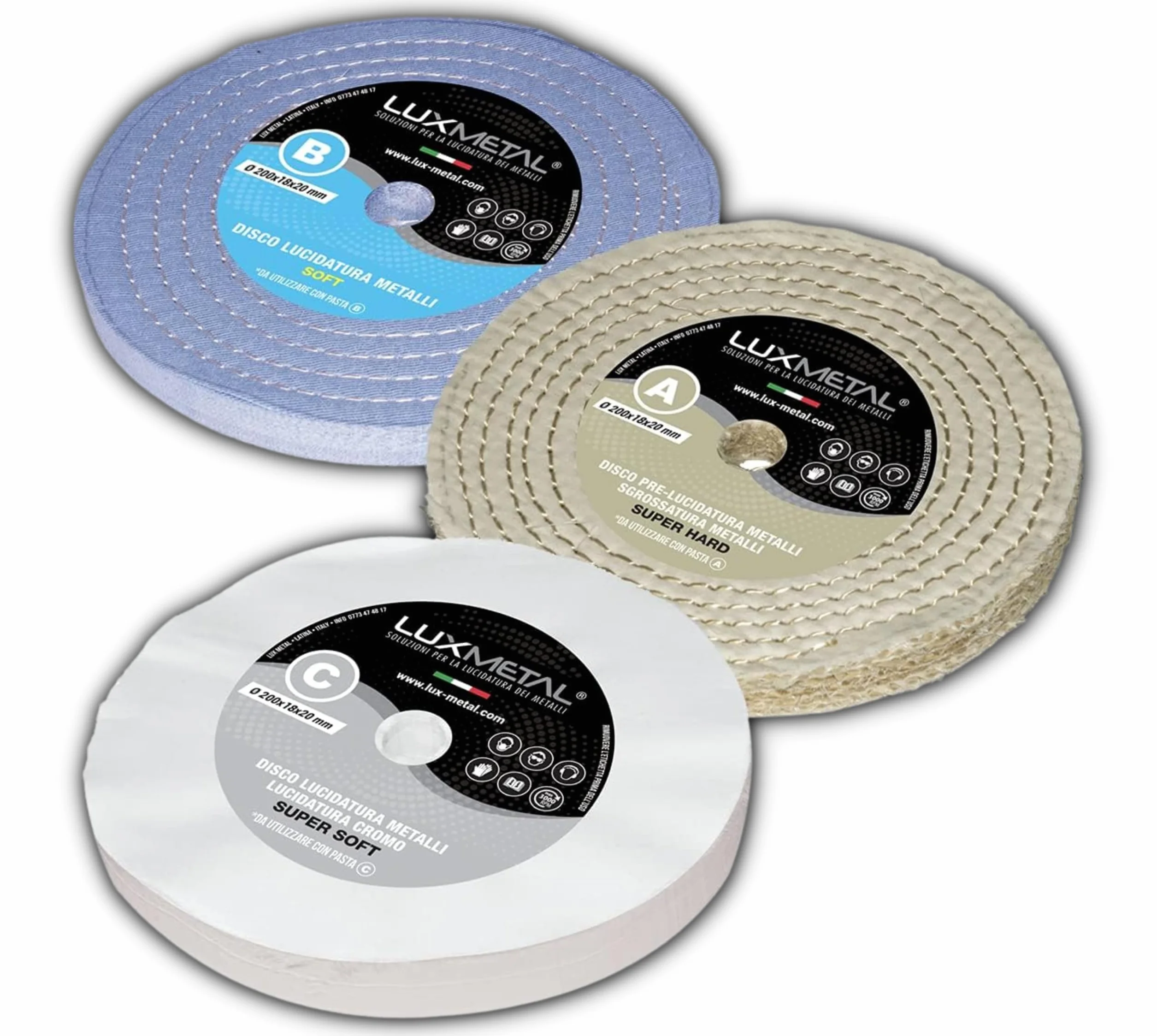 Kit de Polissage 3 Disques 200 mm Soft Super Soft Super Hard pour Aluminium Acier Inoxydable