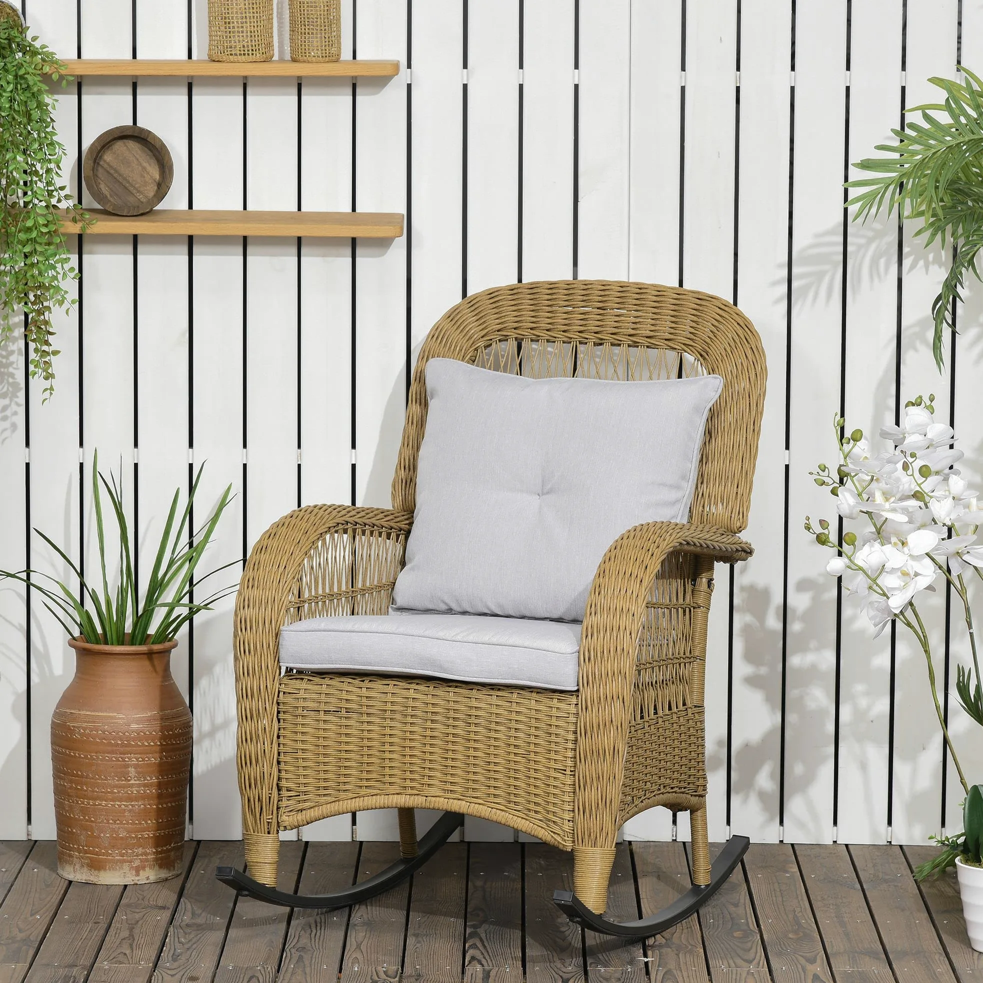 Fauteuil à bascule en rotin Outsunny, fauteuil à bascule avec coussin, fauteuil de jardin avec housses lavables, meuble de salon pour cour, jardin, terrasses, jaune, 69 x 92 x 100 cm