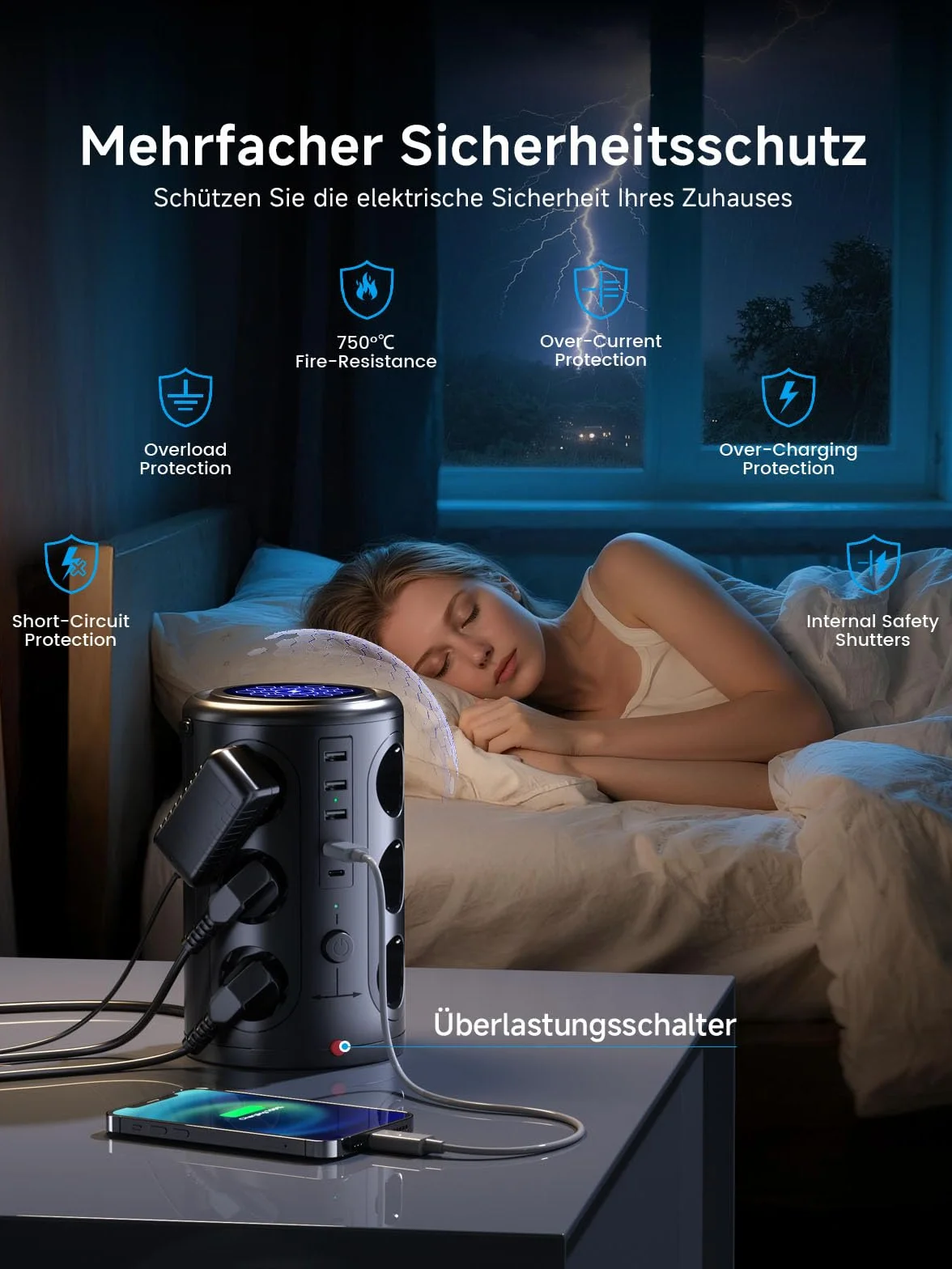 Tour Multiprise Parafoudre 12 Prises 5 USB 2M Cordon Noir