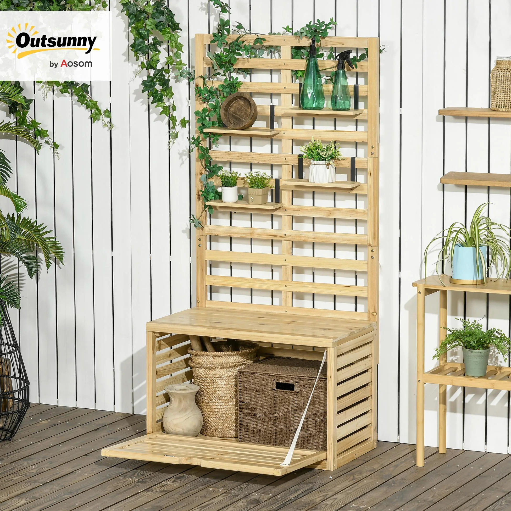 Outsunny Boîte de rangement, coffre de rangement avec treillis, boîte de rangement avec étagères, coffre de jardin, boîte à coussins, en bois massif, naturel, 80 x 45 x 160 cm