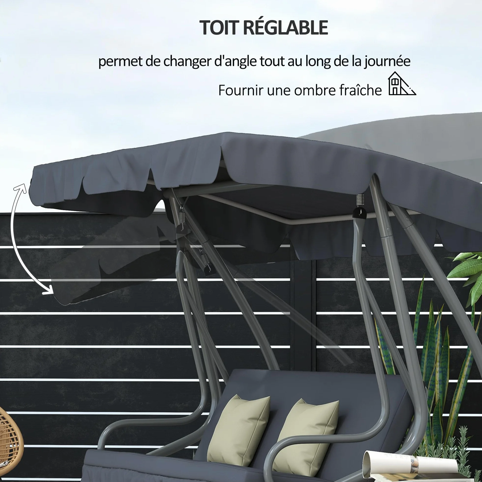 Outsunny Balancelle de Jardin 3 Places Convertible Toit Inclinaison réglable métal Noir Gris