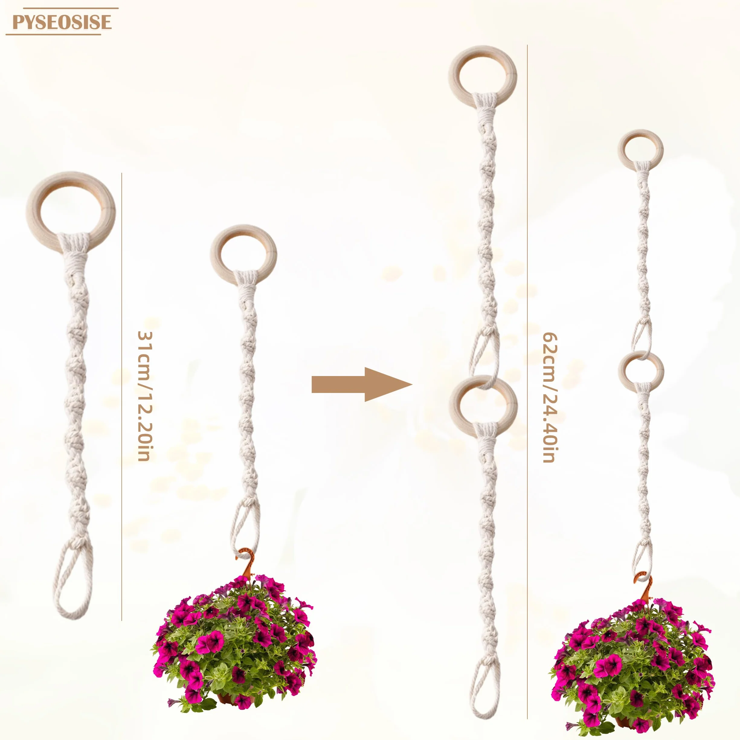 Rallonges de Suspension Plante, 6 Pièces Support de Plantes Macramé, Suspension Pot de Fleurs en Corde de Coton Beige Style Bohème avec Crochets pour Extérieur Jardin et Balcon
