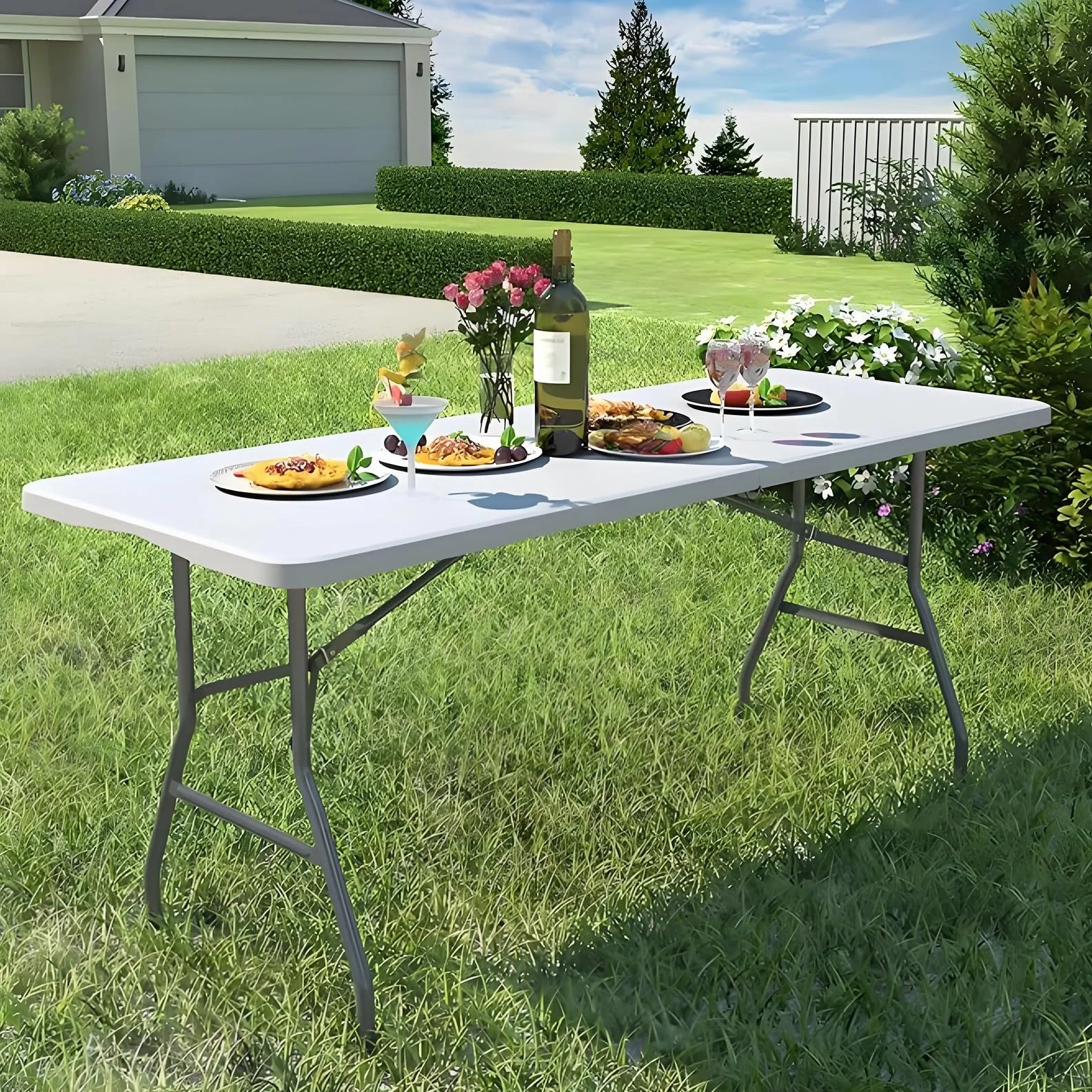 Table Pliante Exterieur 180cm Rectangulaire Jardin Camping Pique-Nique Blanc