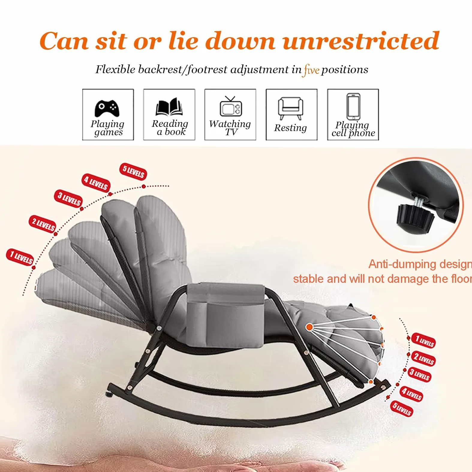 Rocking Chair, Dossier et Pied réglable, Tissu Résistant aux Griffes, Cadre en Acier Carbone, pour Intérieur et Extérieur, Gris & Orange, 93x111x50 cm, Charge Maximale 250 kg(Color:Gris)
