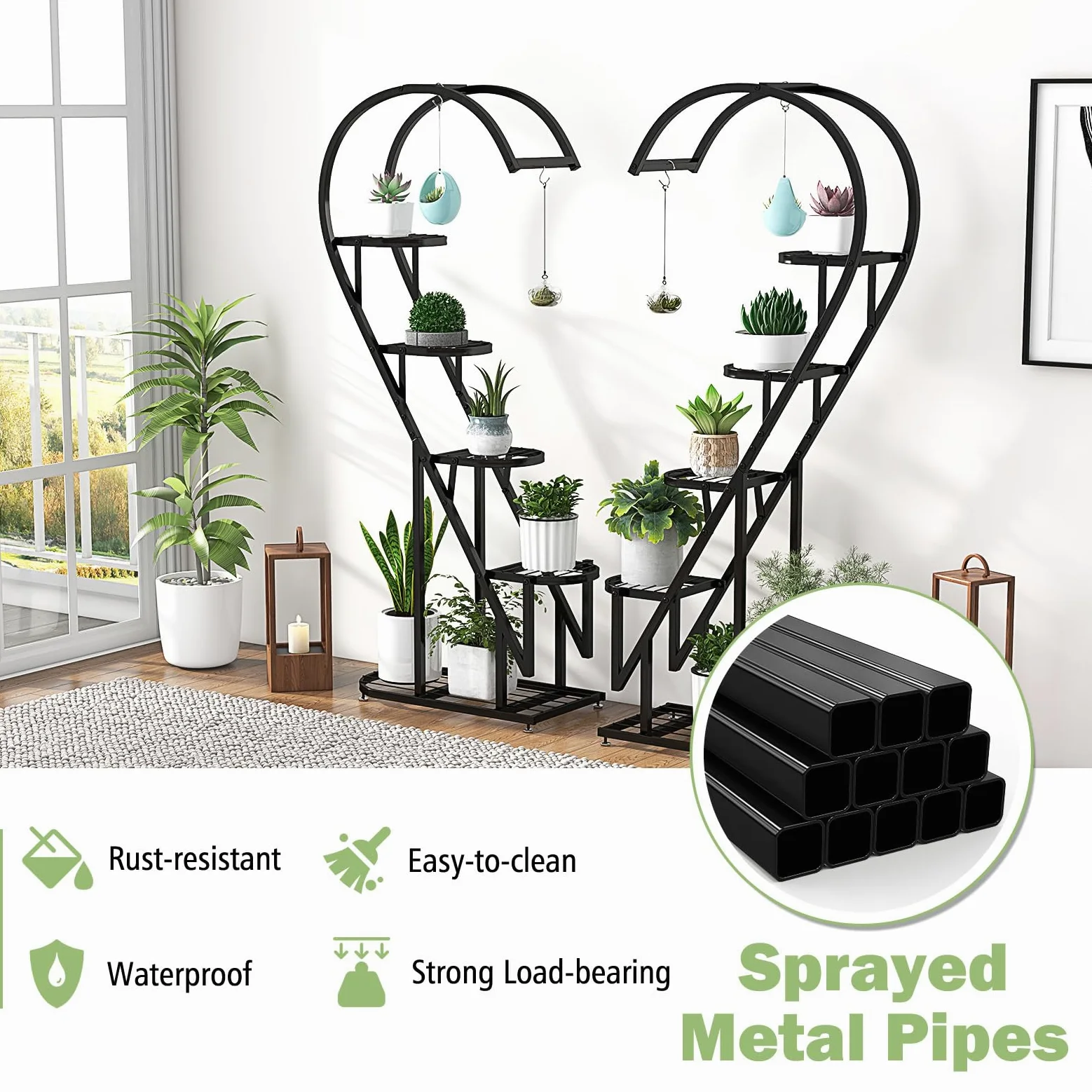 HOMASIS Support pour plantes à 5 étages en métal en forme de cœur - Avec crochets - Pour l'intérieur et l'extérieur - Pour salon, jardin, balcon, terrasse - Noir