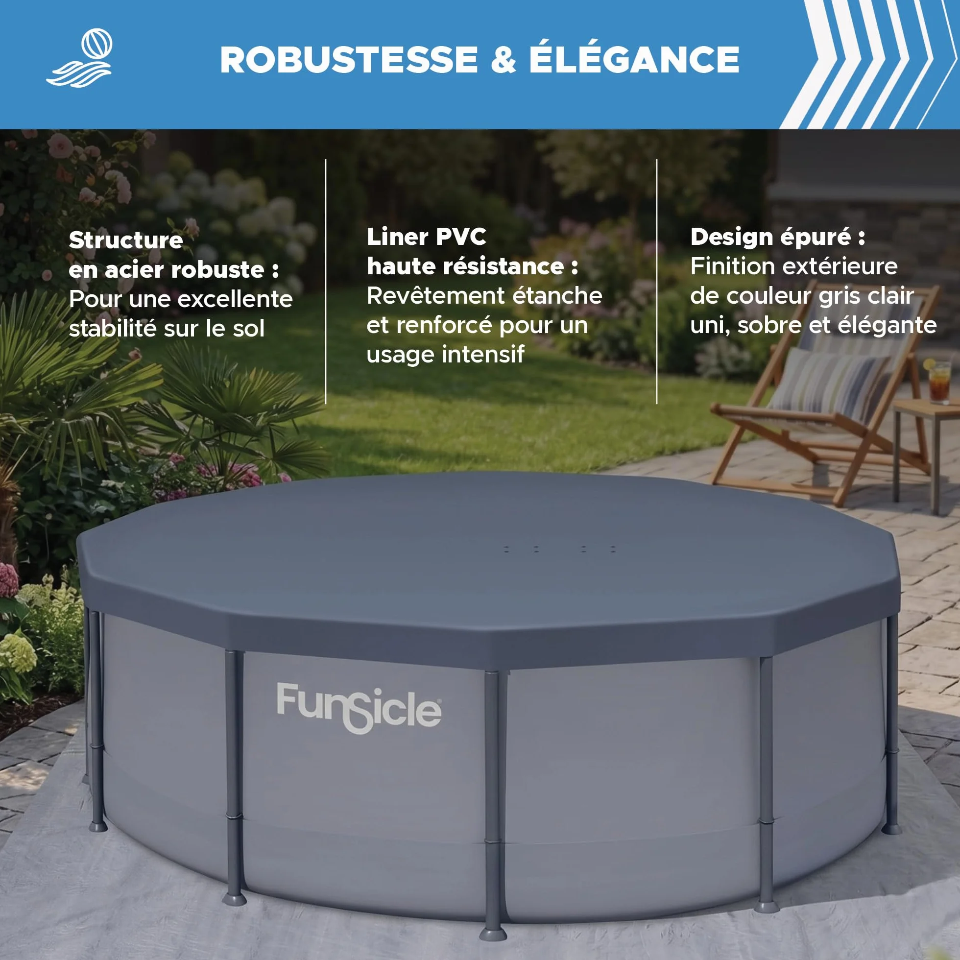 FUNSICLE Piscine Tubulaire Ronde Gris uni Ø4,57m x h1,22m