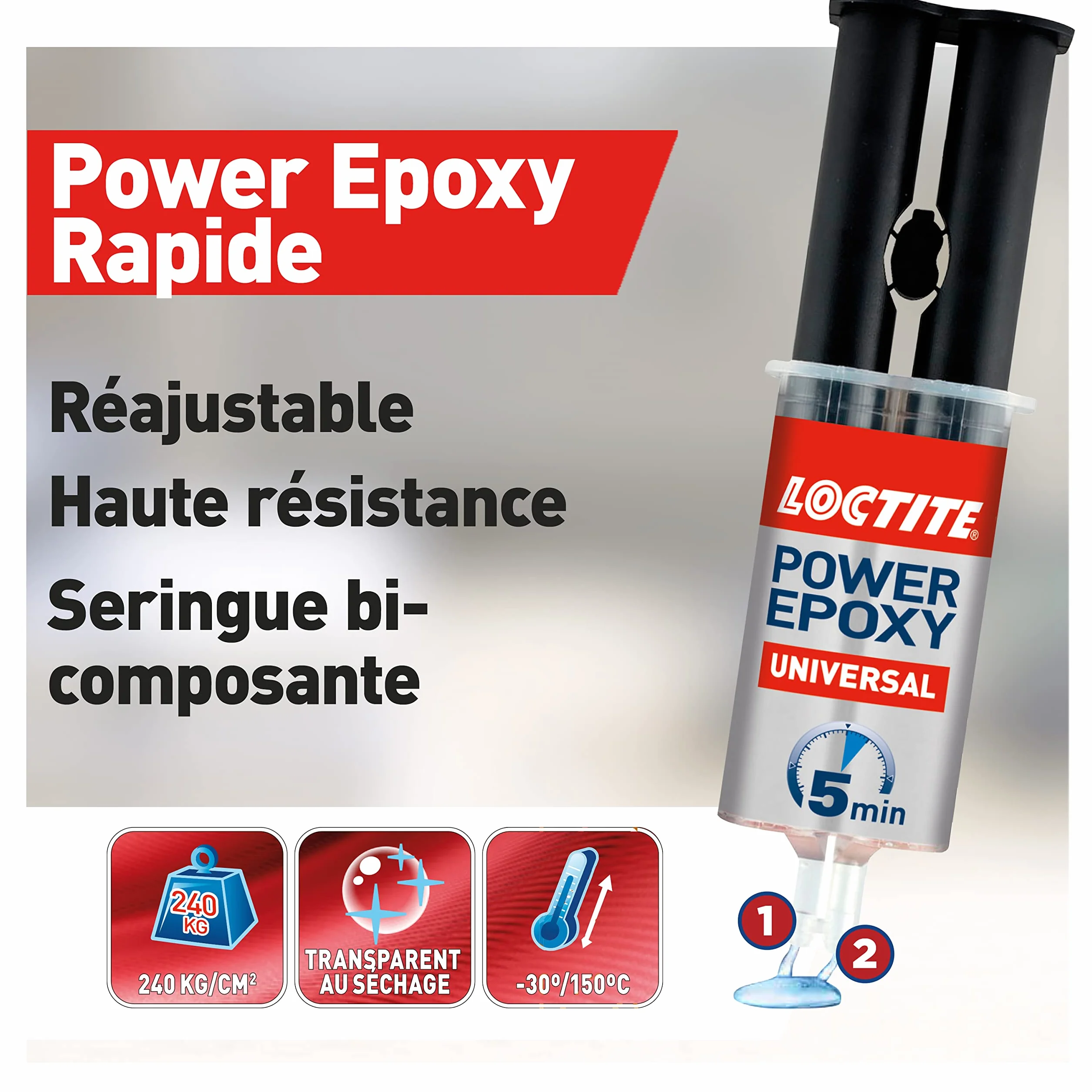 Loctite Colle Power Epoxy Rapide 5 Minutes 25 ml, Colle époxy réajustable, seringue auto-mélangeuse